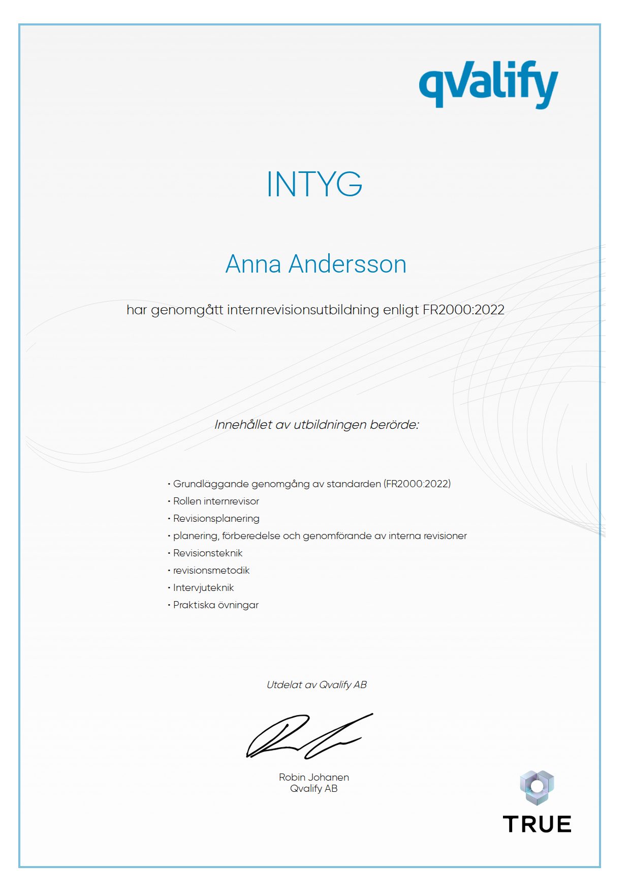 Exempel: diplom för internrevisionsutbildning enligt FR2000:2022 från Qvalify