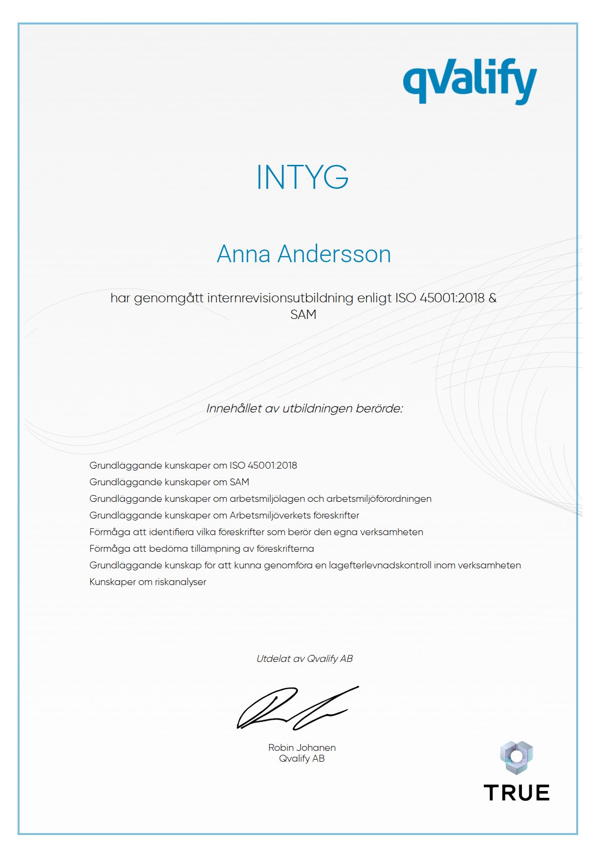 Exempel: diplom för internrevisionsutbildning enligt ISO 45001:2018 & SAM från Qvalify