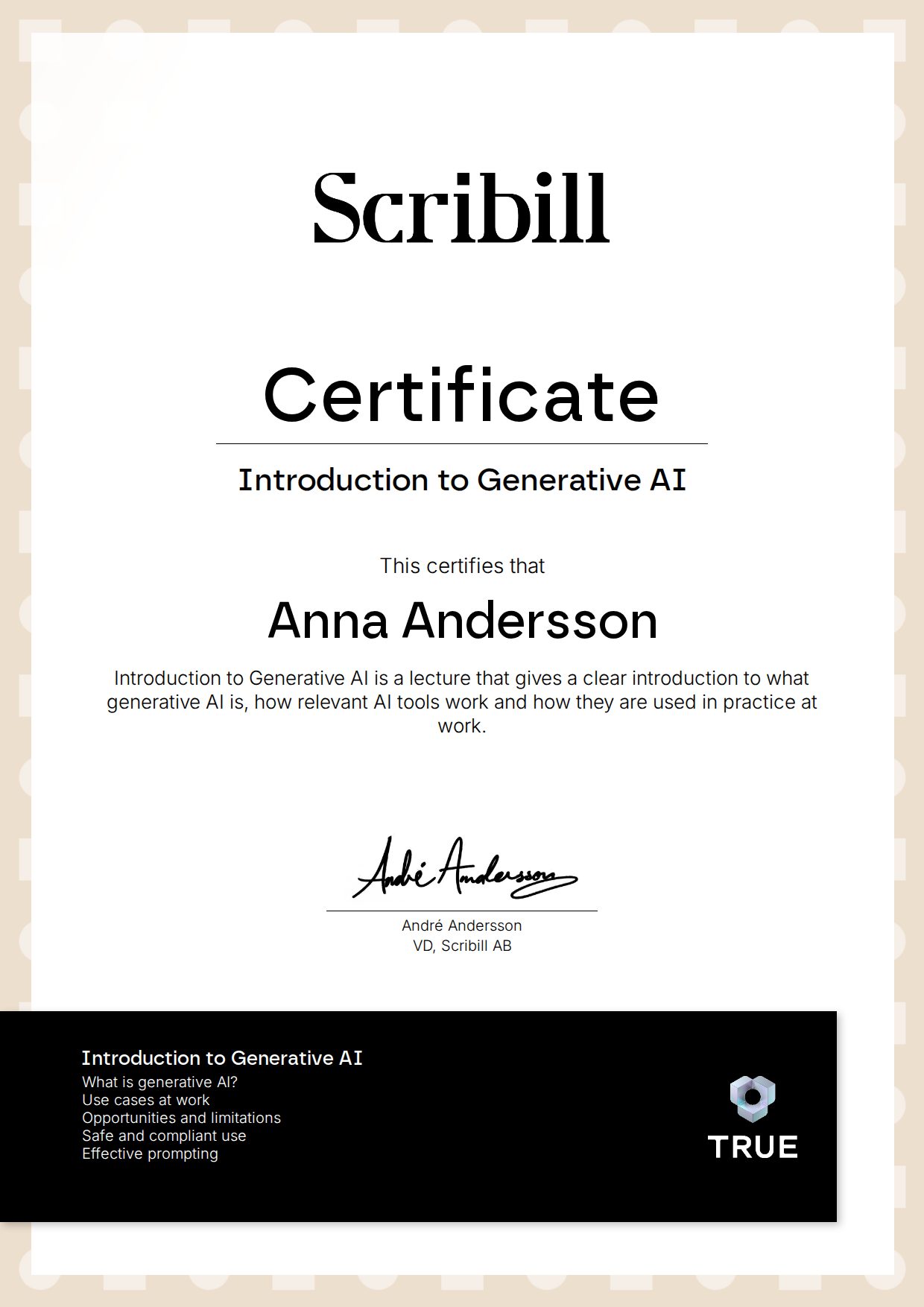 Exempel: diplom för Introduction to Generative AI från Scribill AB i Malmö