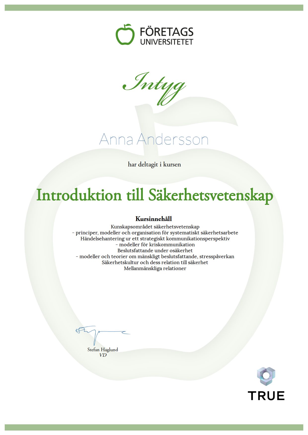 Exempel: diplom för Introduktion till Säkerhetsvetenskap från Företagsuniversitetet