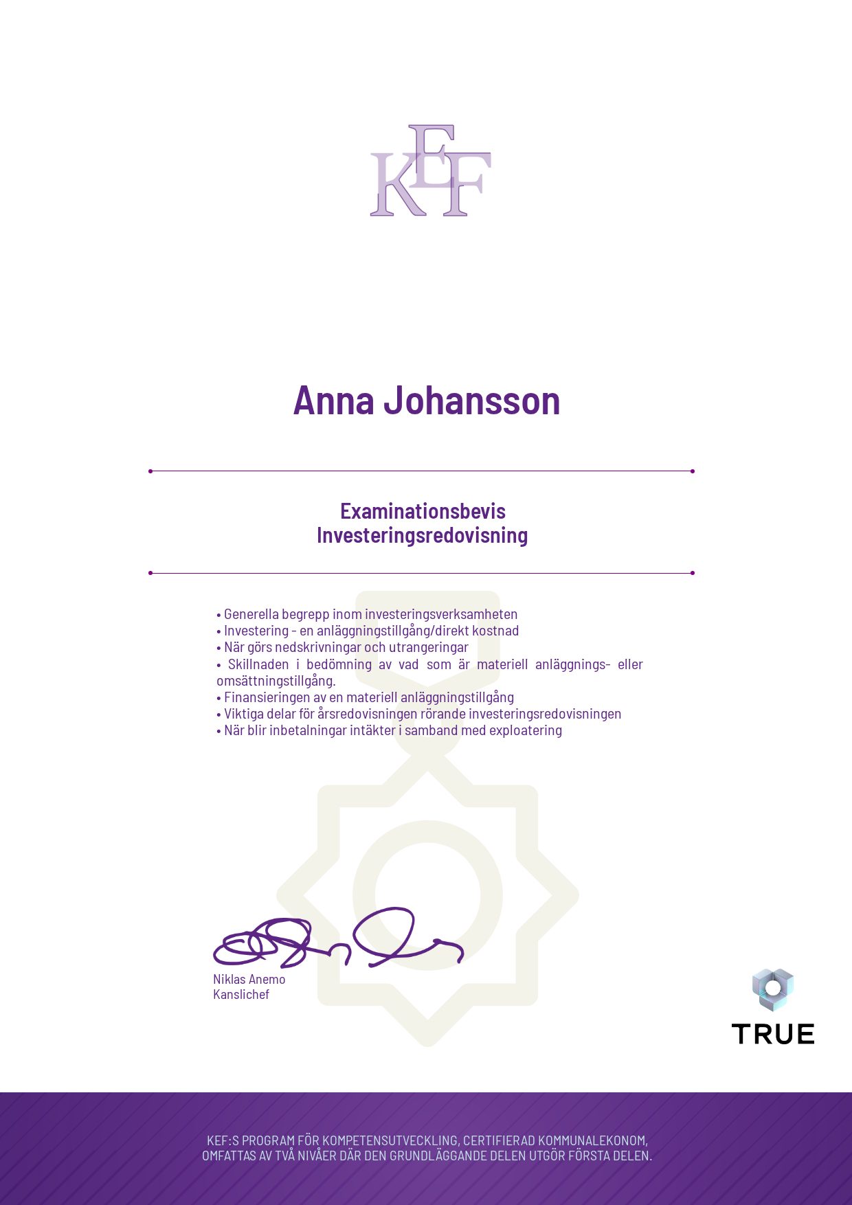 Example certificate for Investeringsredovisning from KEF - Kommualekonomernas förening