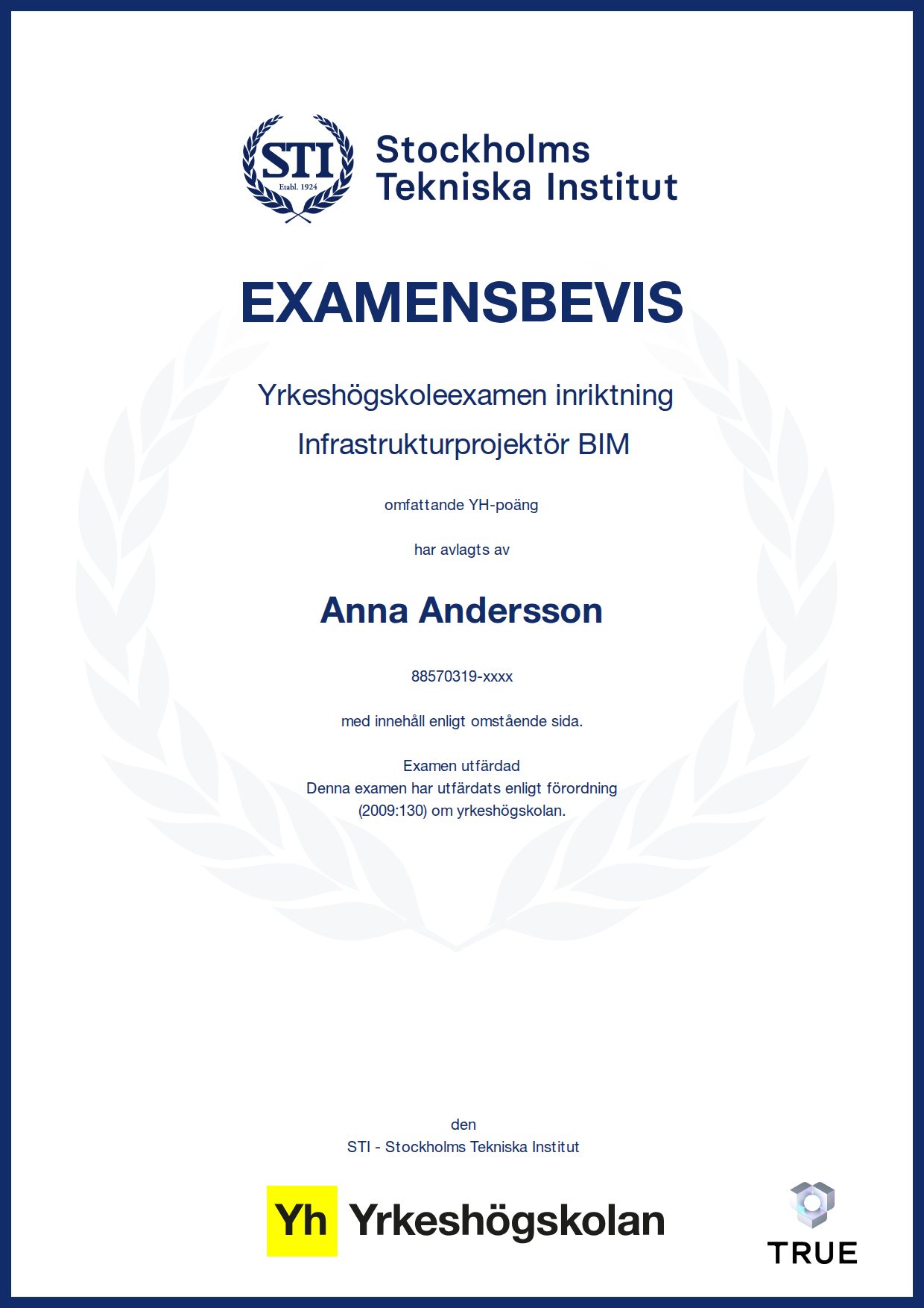 Example certificate for IOT-utvecklare from STI - Stockholms Tekniska Institut