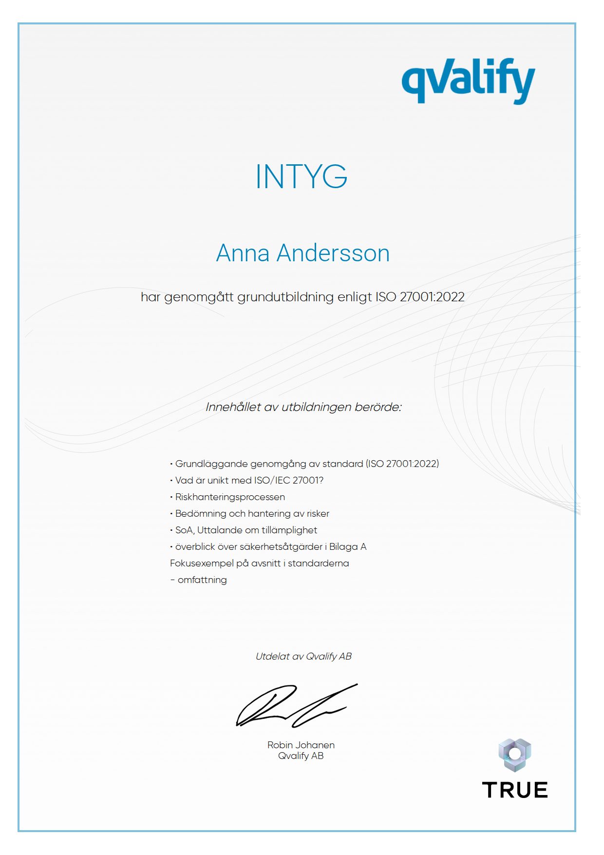 Example certificate for grundutbildning enligt ISO 27001:2022 from Qvalify