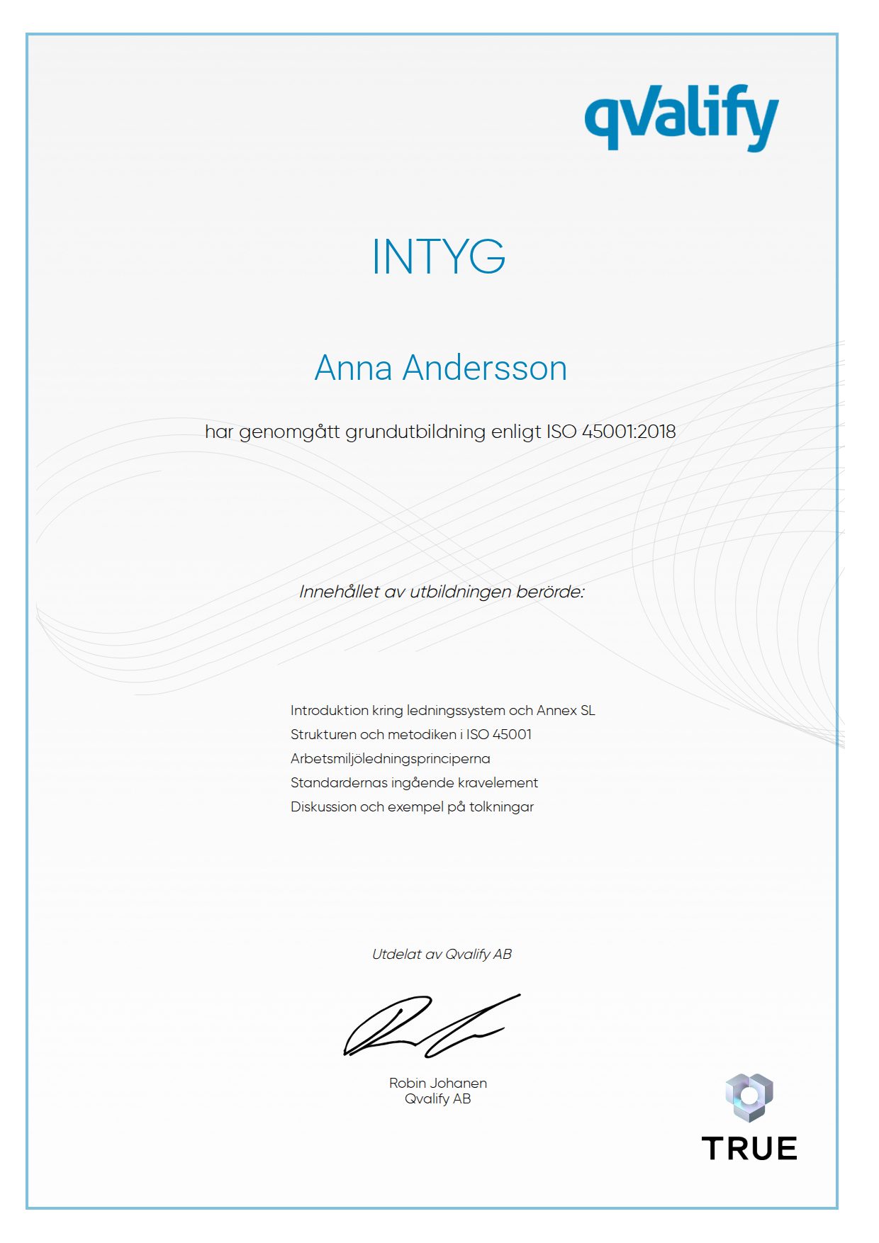 Example certificate for grundutbildning enligt ISO 45001:2018 from Qvalify