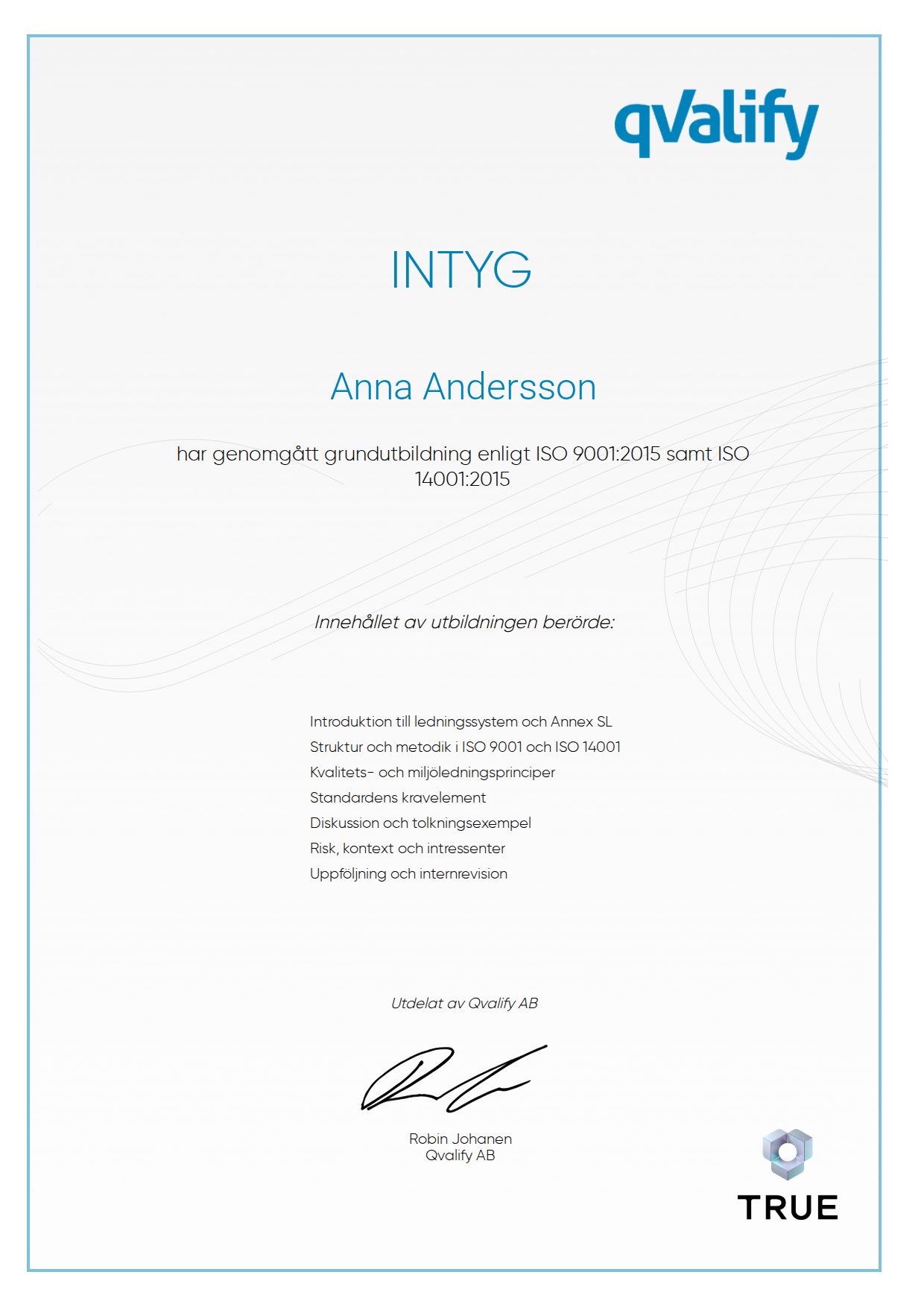 Example certificate for grundutbildning enligt ISO 9001:2015 samt ISO 14001:2015 from Qvalify