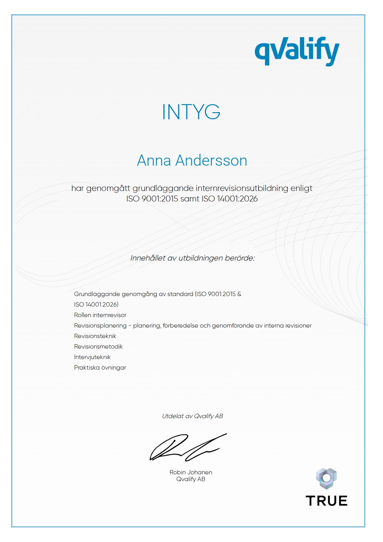 Exempel: diplom för grundläggande internrevisionsutbildning enligt ISO 9001:2015 samt ISO 14001:2026 från Qvalify