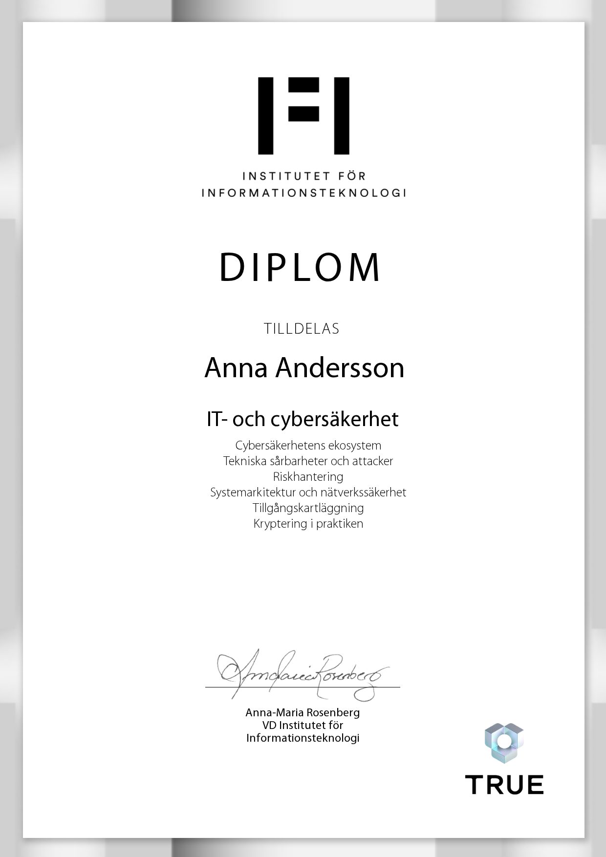 Exempel: diplom för IT- och cybersäkerhet från IFI AB