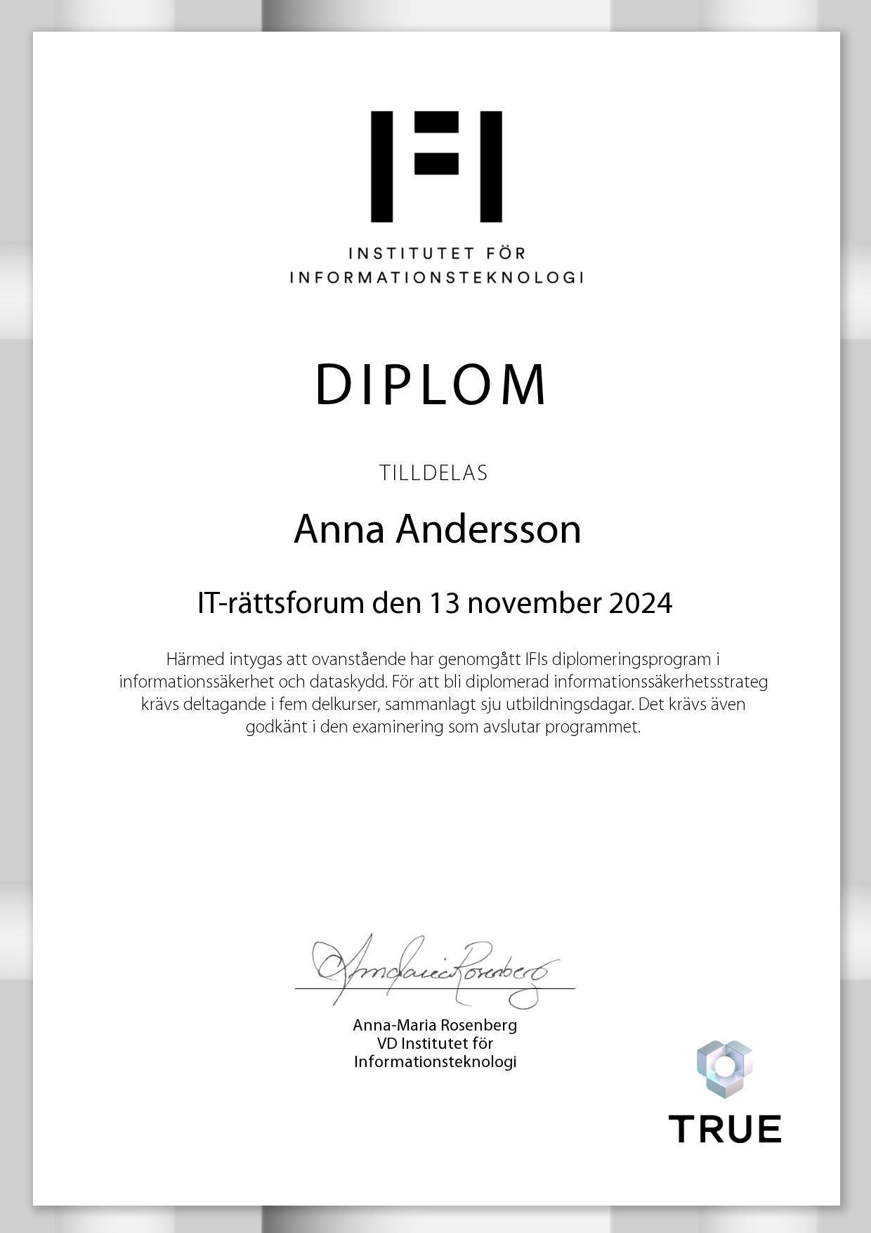 Exempel: diplom för IT-rättsforum den 13 november 2024 från IFI AB