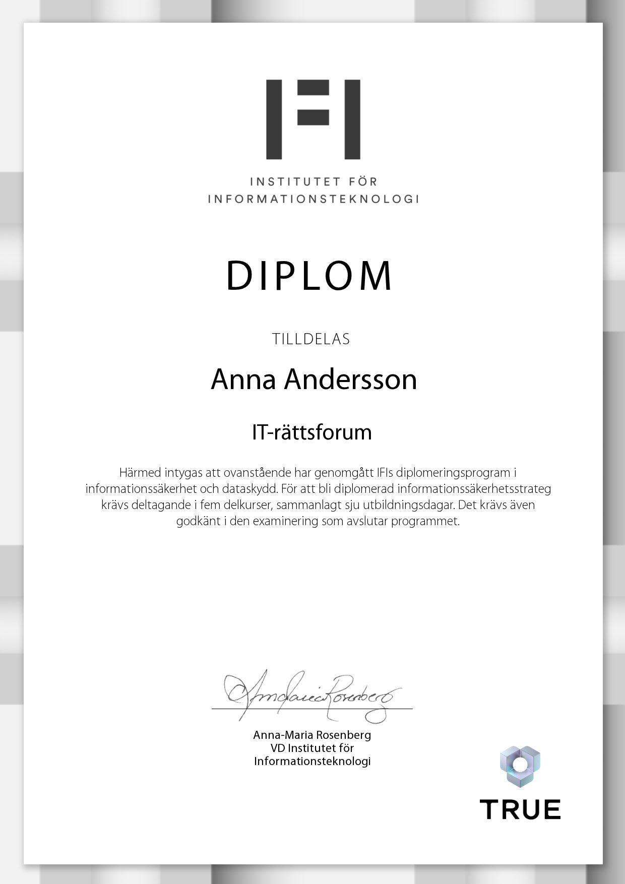 Exempel: diplom för IT-rättsforum från IFI AB