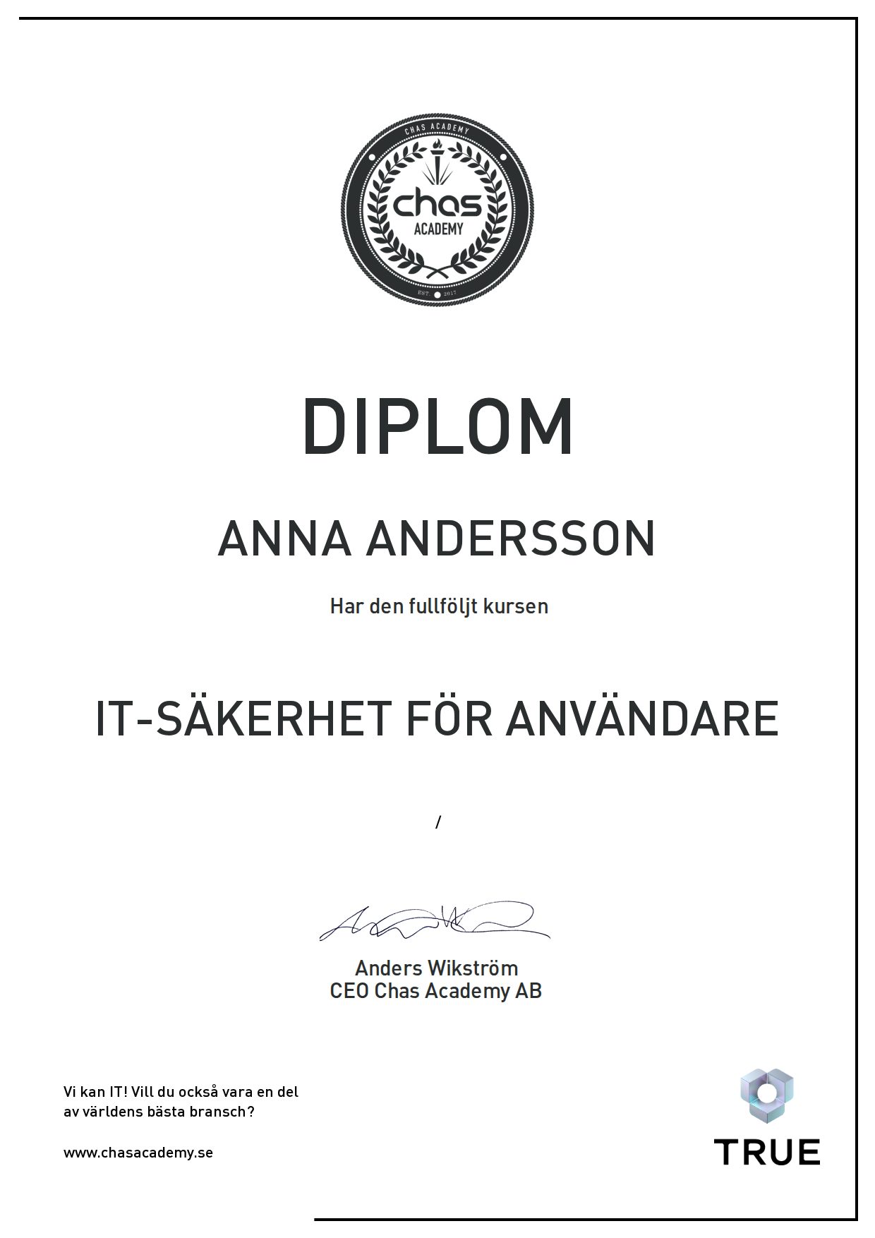 Exempel: diplom för IT-säkerhet för användare från Chas Academy AB