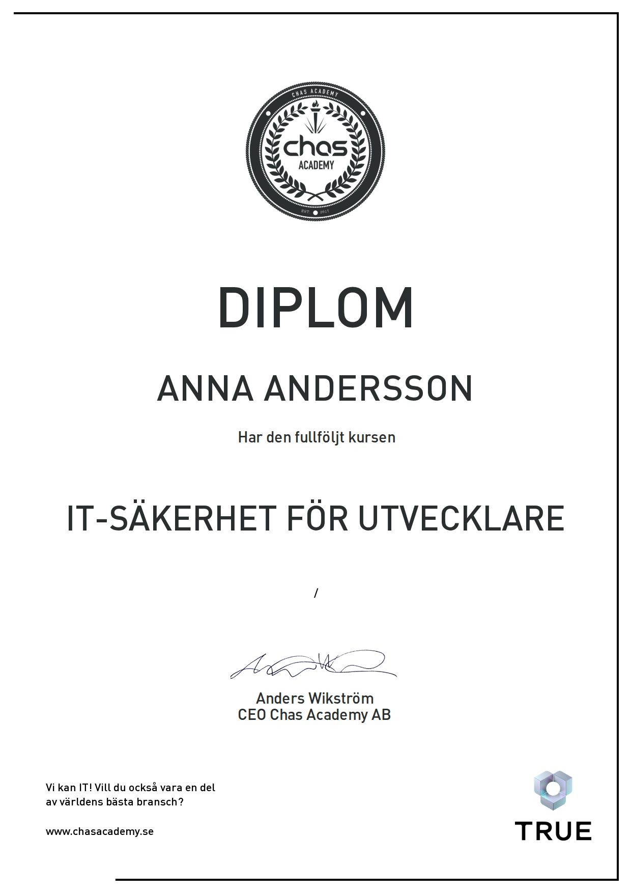 Exempel: diplom för IT-säkerhet för utvecklare från Chas Academy AB