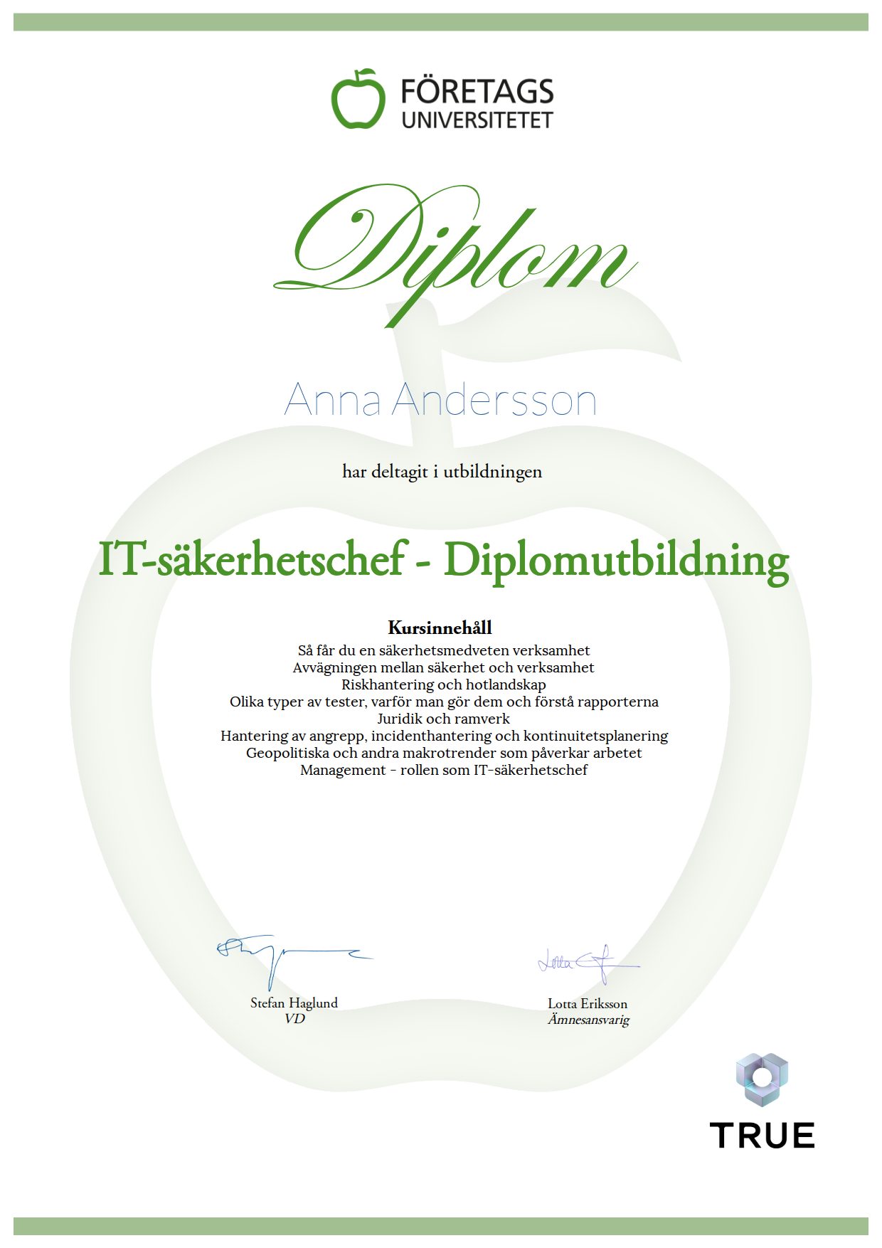 Exempel: diplom för IT-säkerhetschef - Diplomutbildning från Företagsuniversitetet
