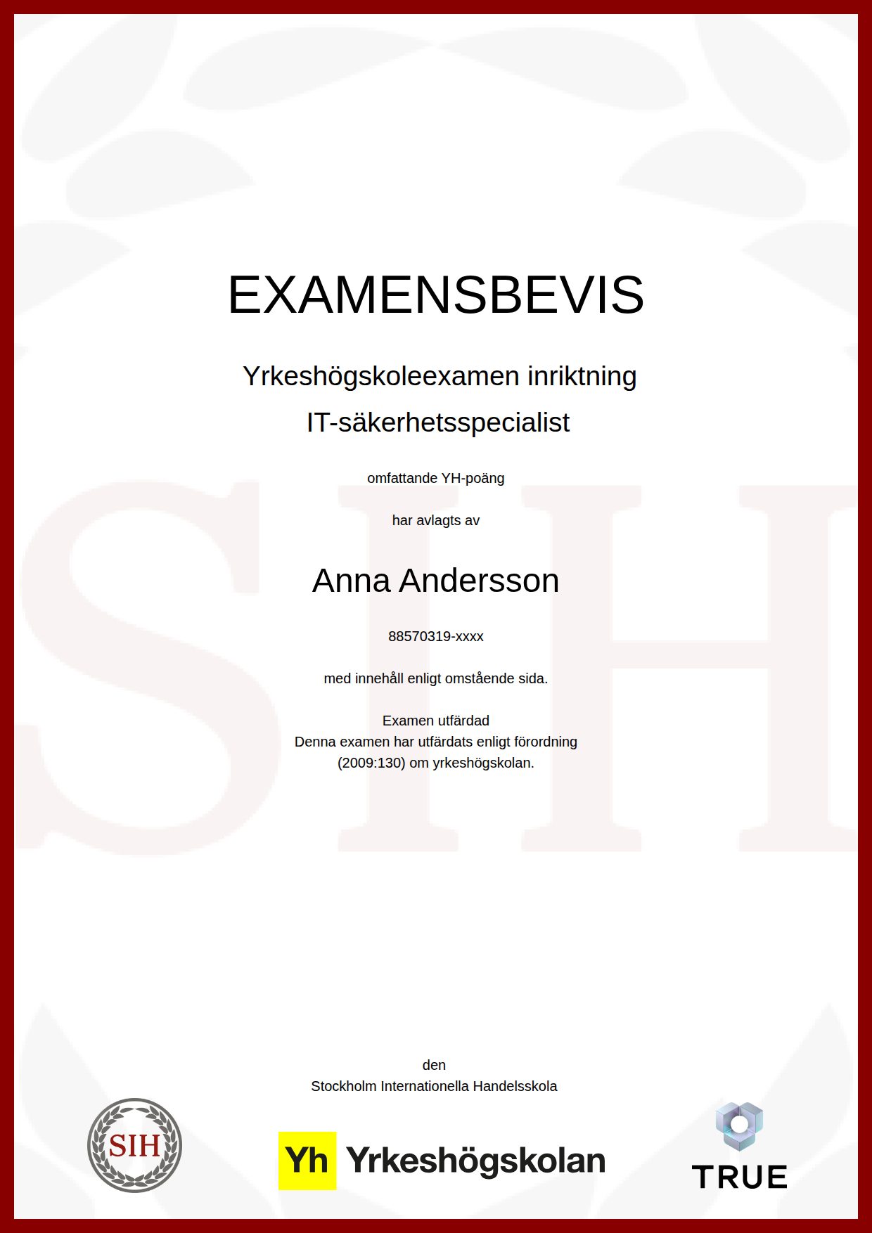 Example certificate for IT-säkerhetsspecialist from SIH - Stockholms Internationella Handelsskola