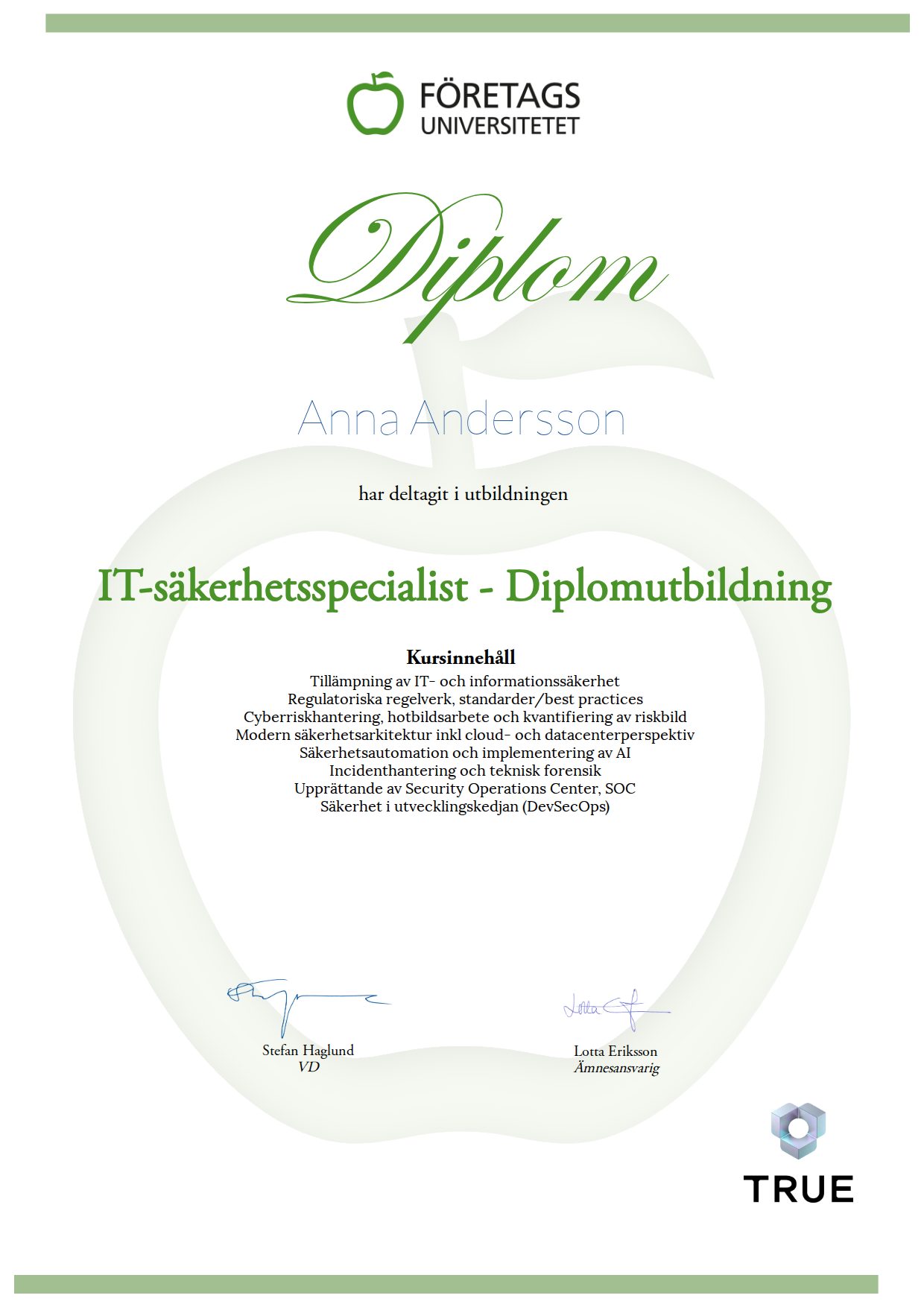 Exempel: diplom för IT-säkerhetsspecialist - Diplomutbildning från Företagsuniversitetet