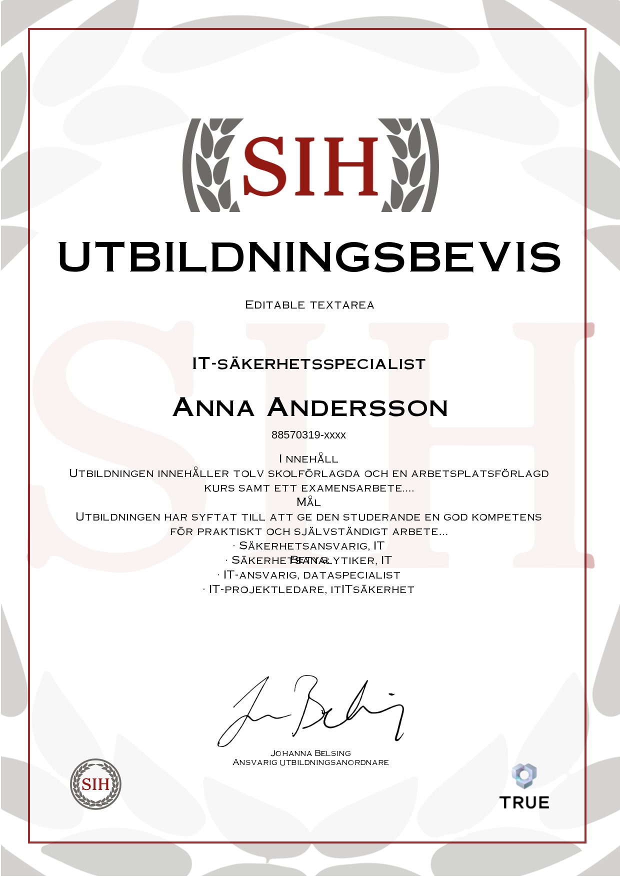 Exempel: diplom för IT-säkerhetsspecialist från SIH - Stockholms Internationella Handelsskola