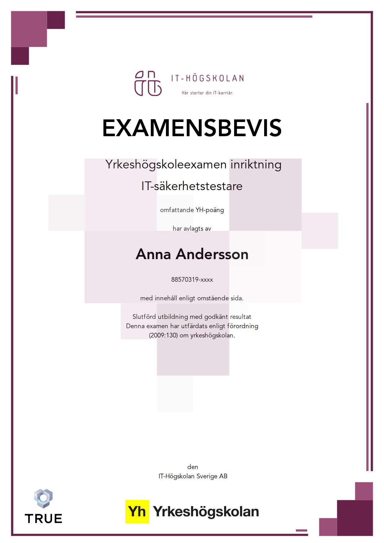 Example certificate for IT-säkerhetstestare from IT-Högskolan