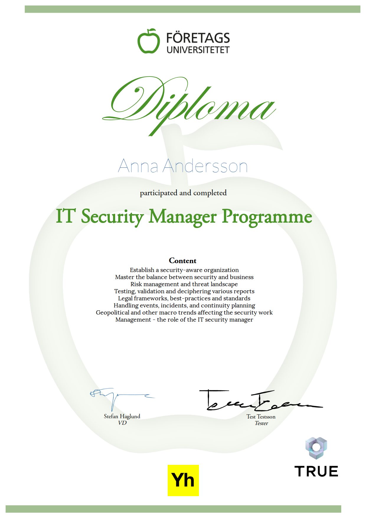 Exempel: diplom för IT Security Manager Programme från Företagsuniversitetet