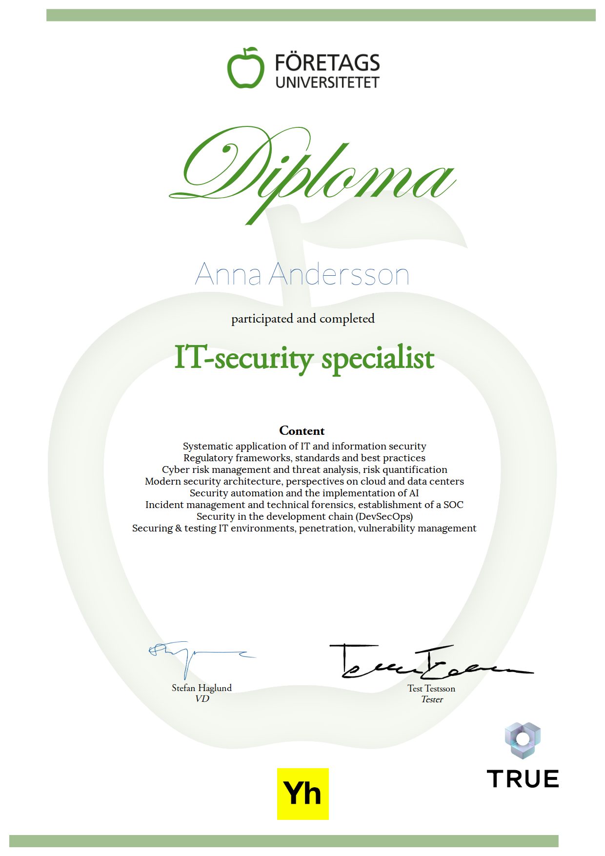 Exempel: diplom för IT-security specialist från Företagsuniversitetet