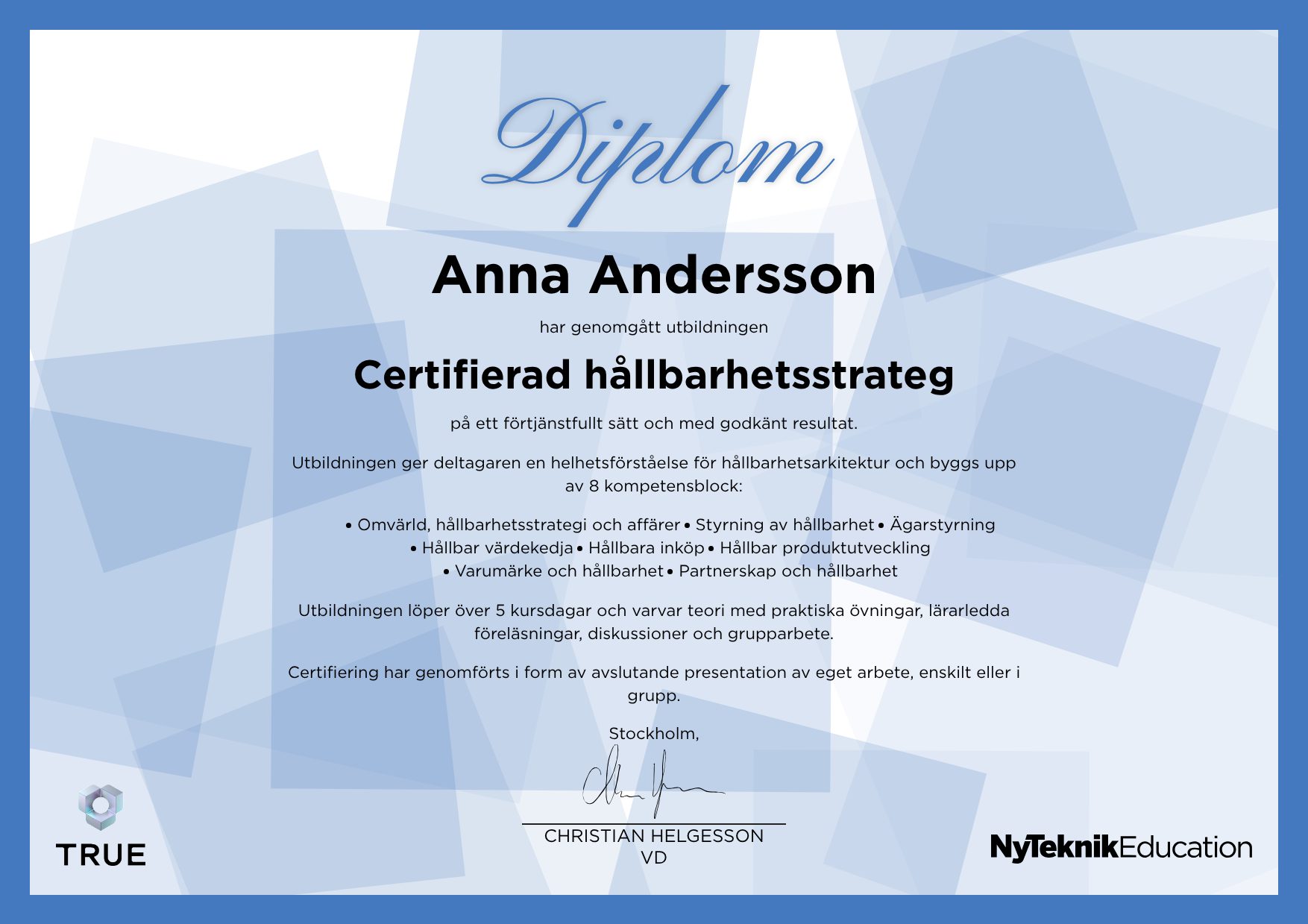 Example certificate for The Fundamentals of IT Architecture from Ny Teknik Education