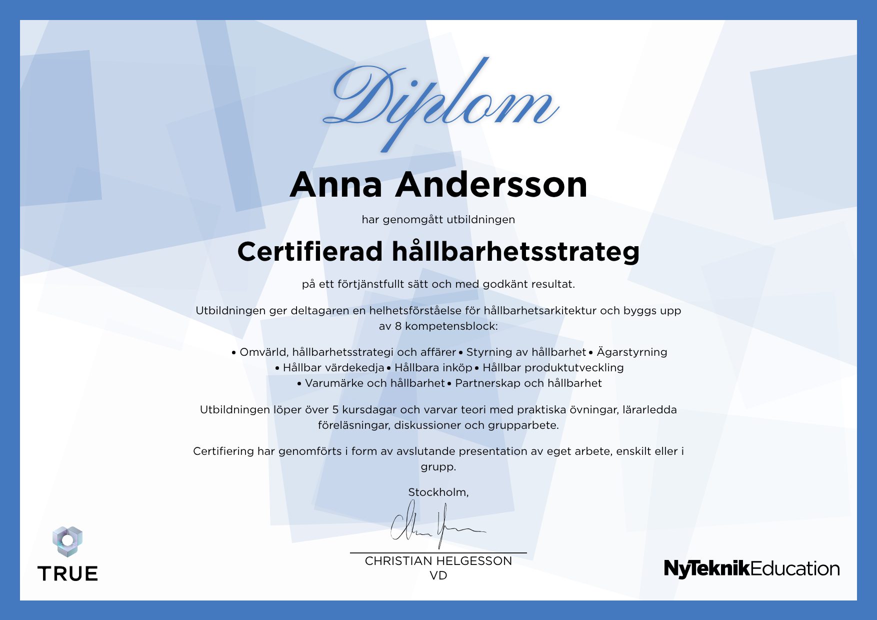 Exempel: diplom för Helhetsperspektiv på IT-arkitektur från Ny Teknik Education