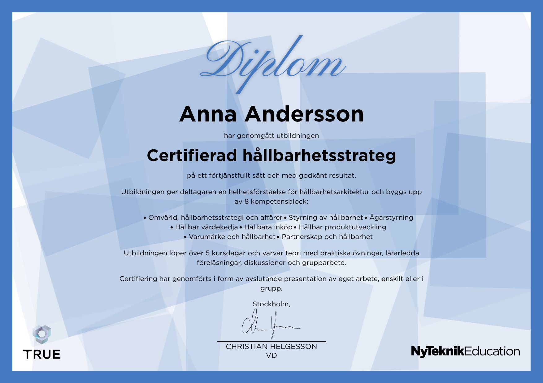 Exempel: diplom för Corporate Sustainability Reporting Directive från Ny Teknik Education