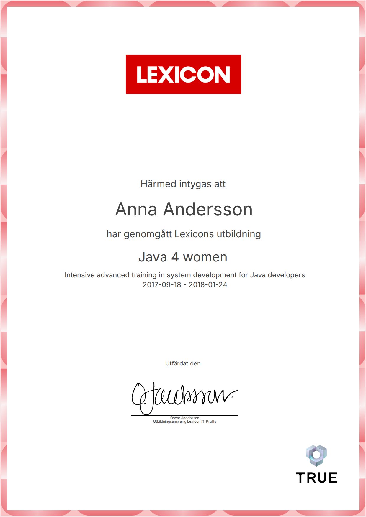 Example certificate for Java 4 women from Lexicon IT-Proffs AB