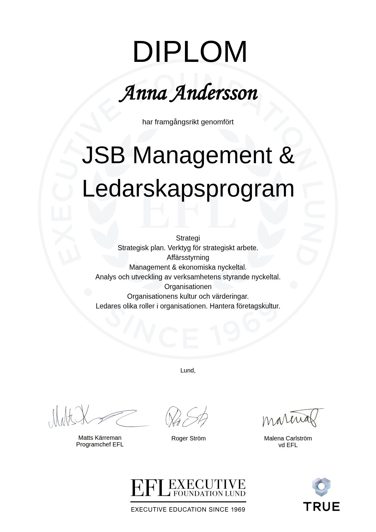 Example certificate for JSB Management & Ledarskapsprogram from EFL Executive Education