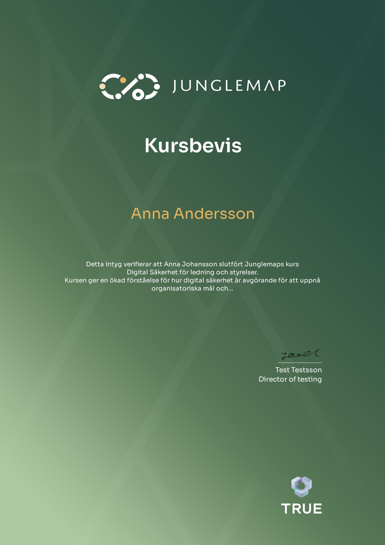 Example certificate for Kursbevis from Junglemap