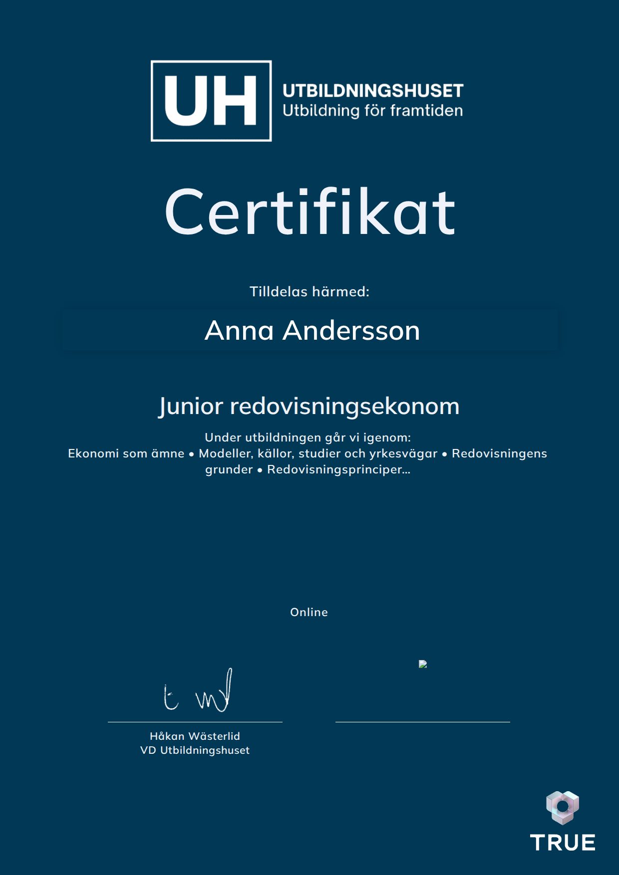 Exempel: diplom för Junior redovisningsekonom från Education Online