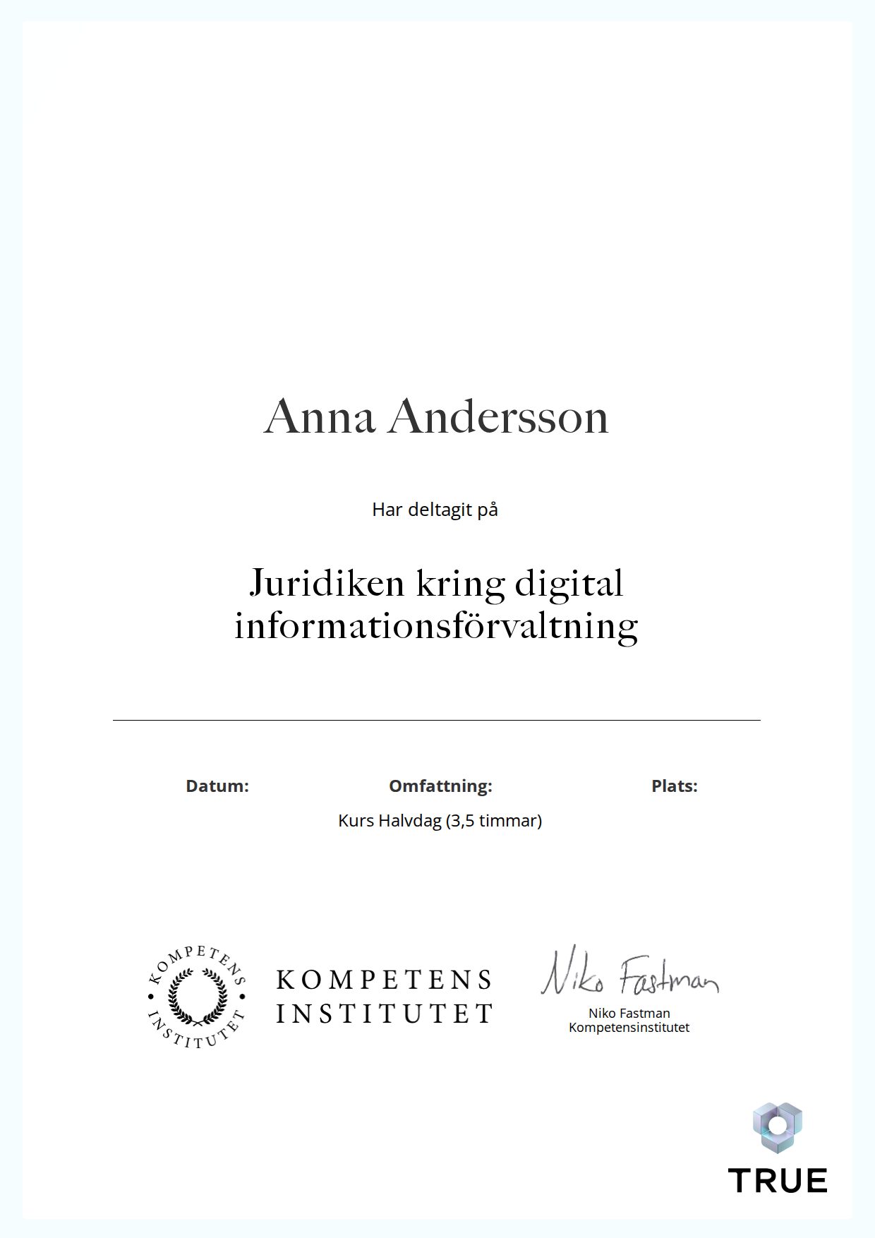 Example certificate for Juridiken kring digital informationsförvaltning from Kompetensinstitutet