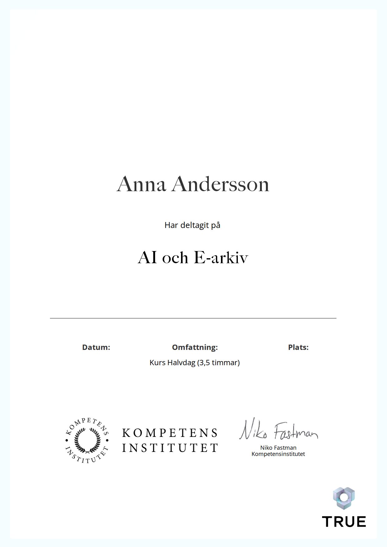 Exempel: diplom för AI och E-arkiv från Kompetensinstitutet
