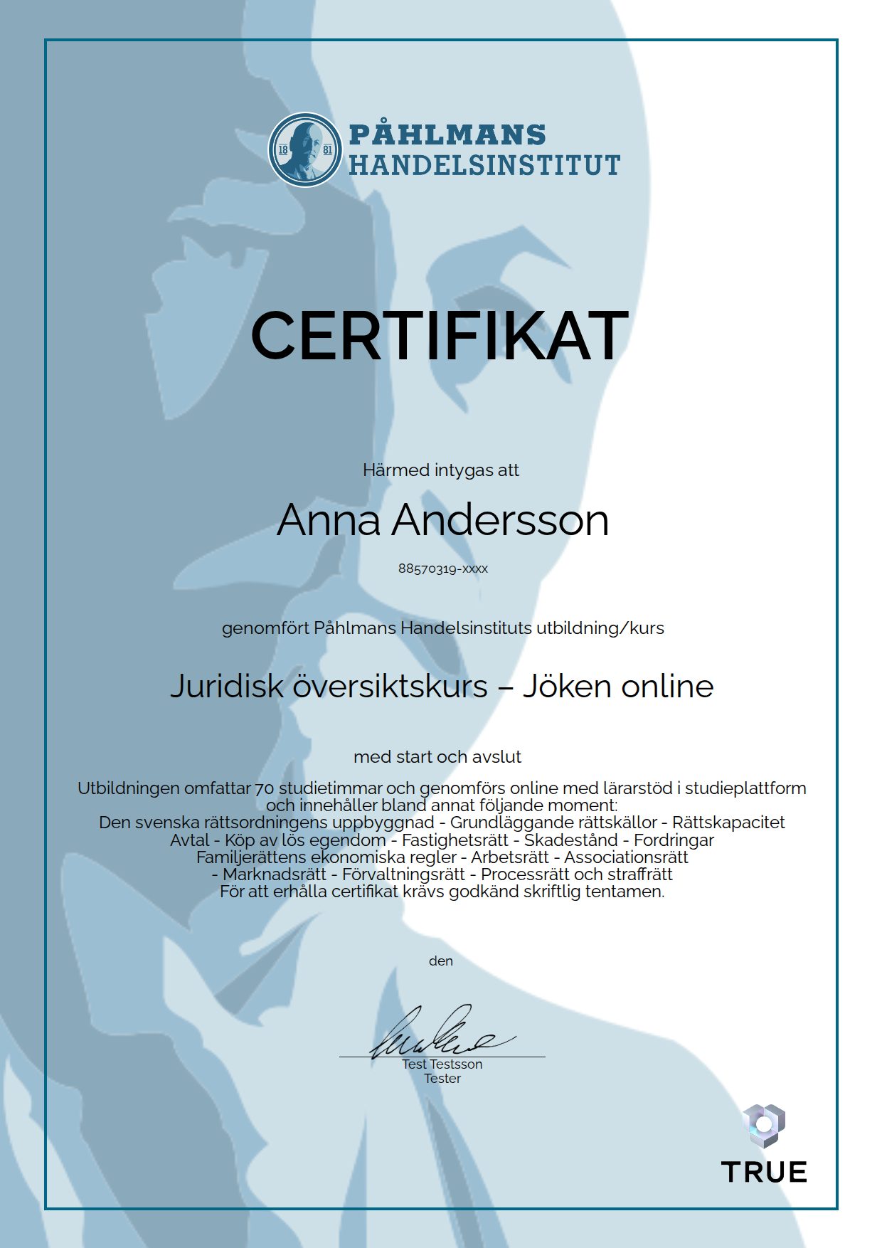 Exempel: diplom för Juridisk översiktskurs – Jöken online från Medborgarskolan- Påhlmans
