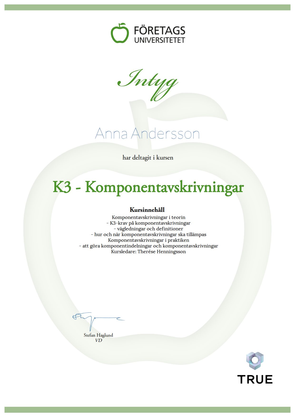 Exempel: diplom för K3 - Komponentavskrivningar från Företagsuniversitetet