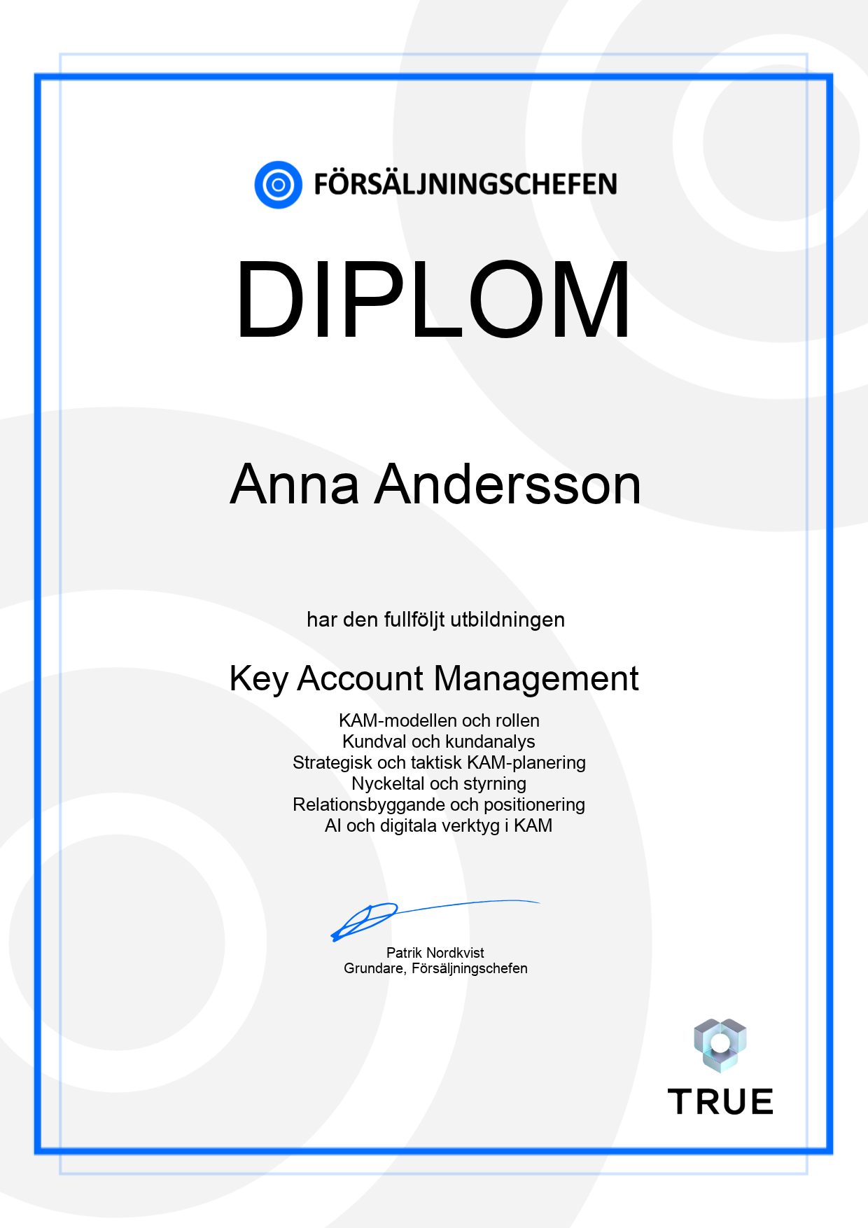 Example certificate for Key Account Management from Försäljningschefen