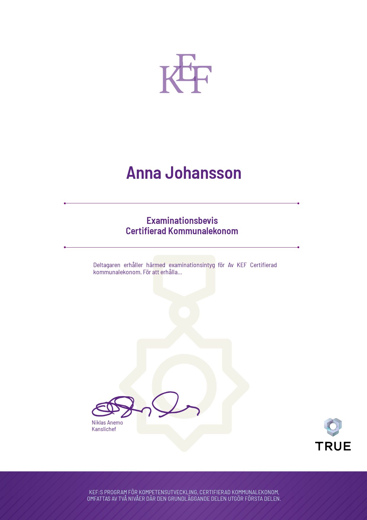 Exempel: diplom för Certifierad Kommunalekonom från KEF - Kommualekonomernas förening