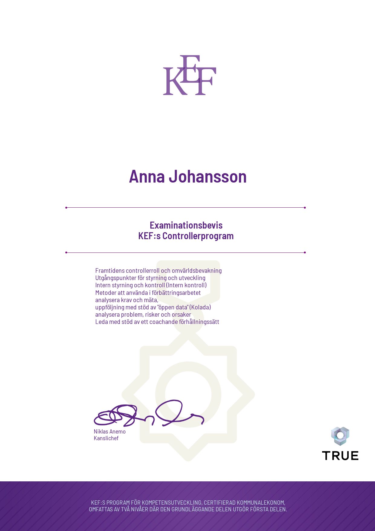 Exempel: diplom för KEF:s Controllerprogram från KEF - Kommualekonomernas förening