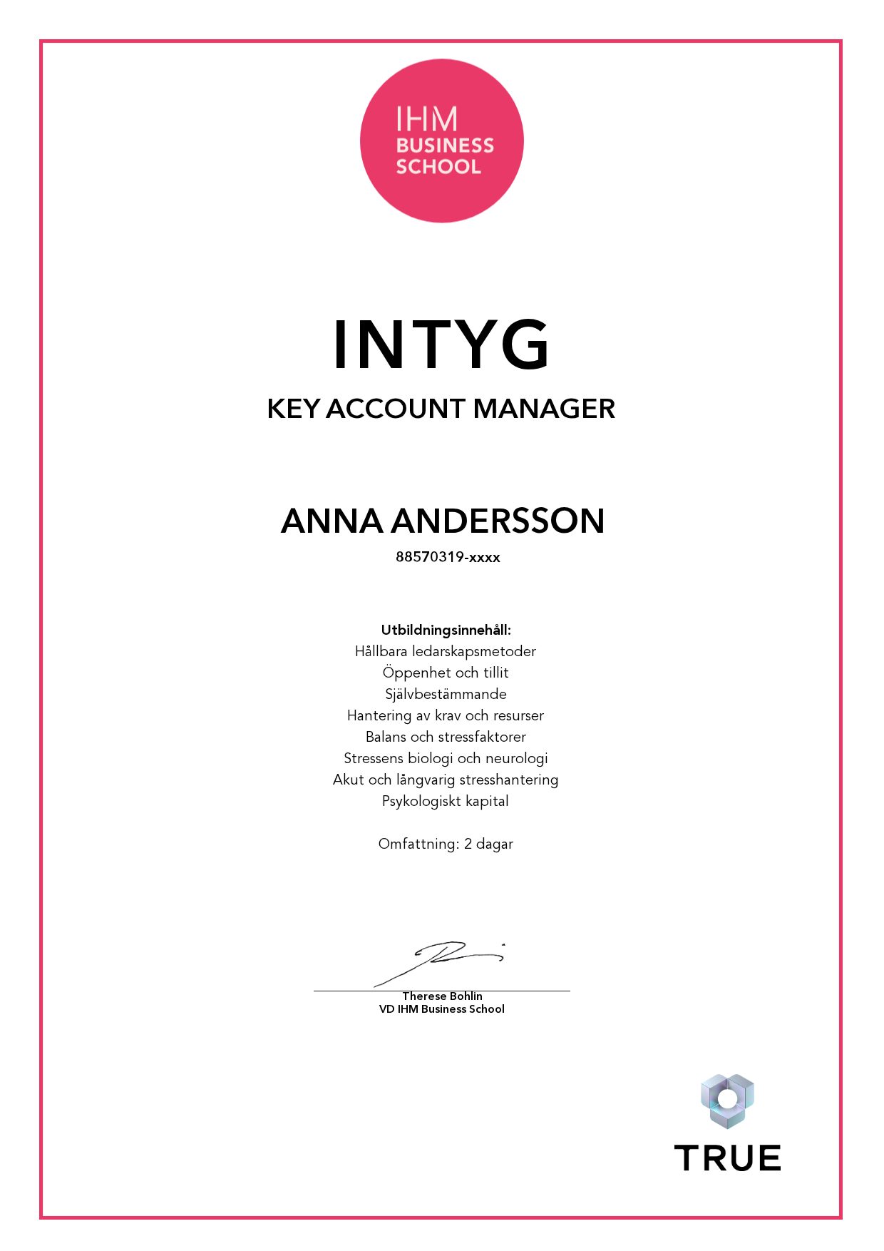 Exempel: diplom för Key Account Manager från IHM Business School
