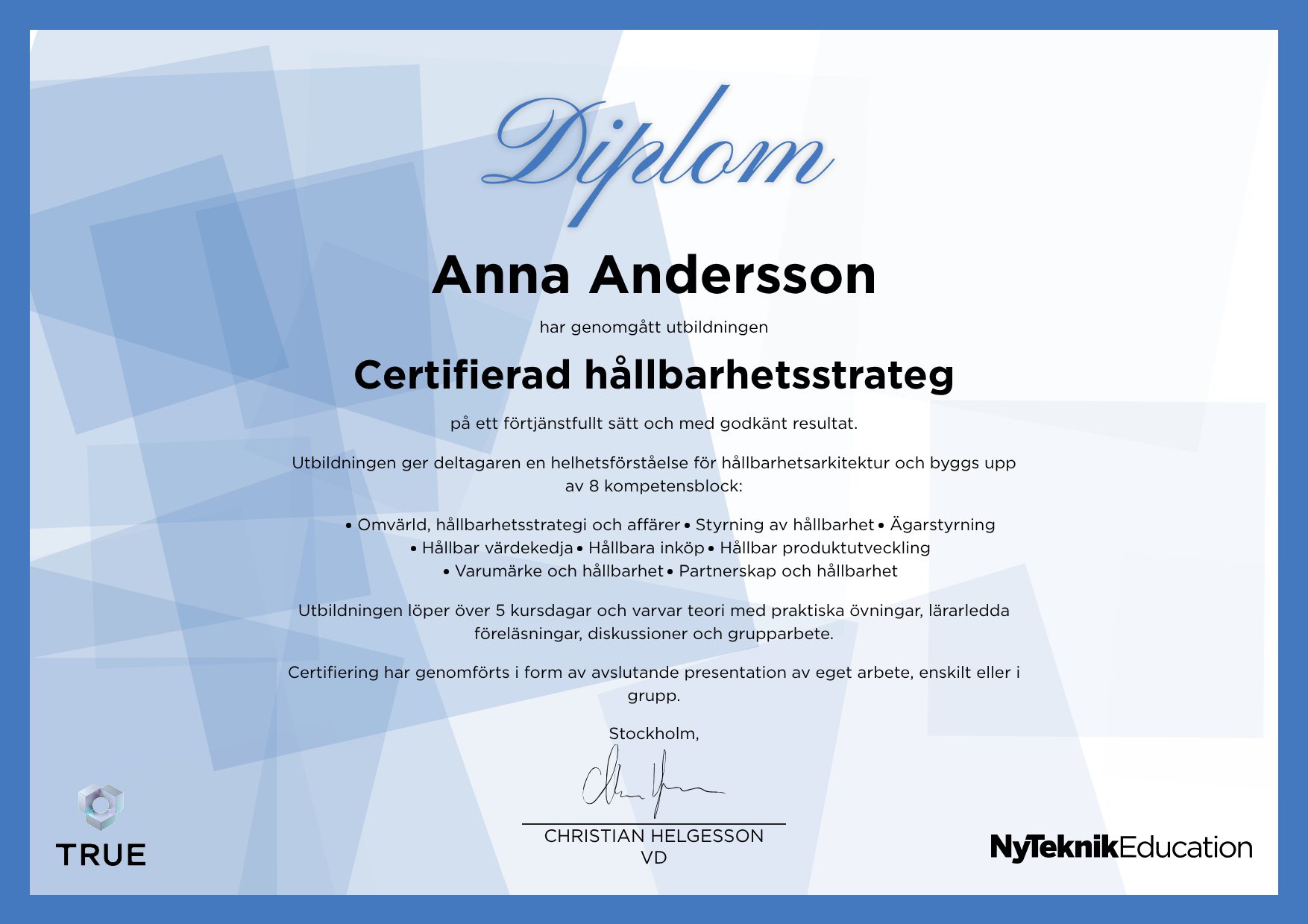 Example certificate for Klimatanpassning av byggnader och fastigheter from Ny Teknik Education