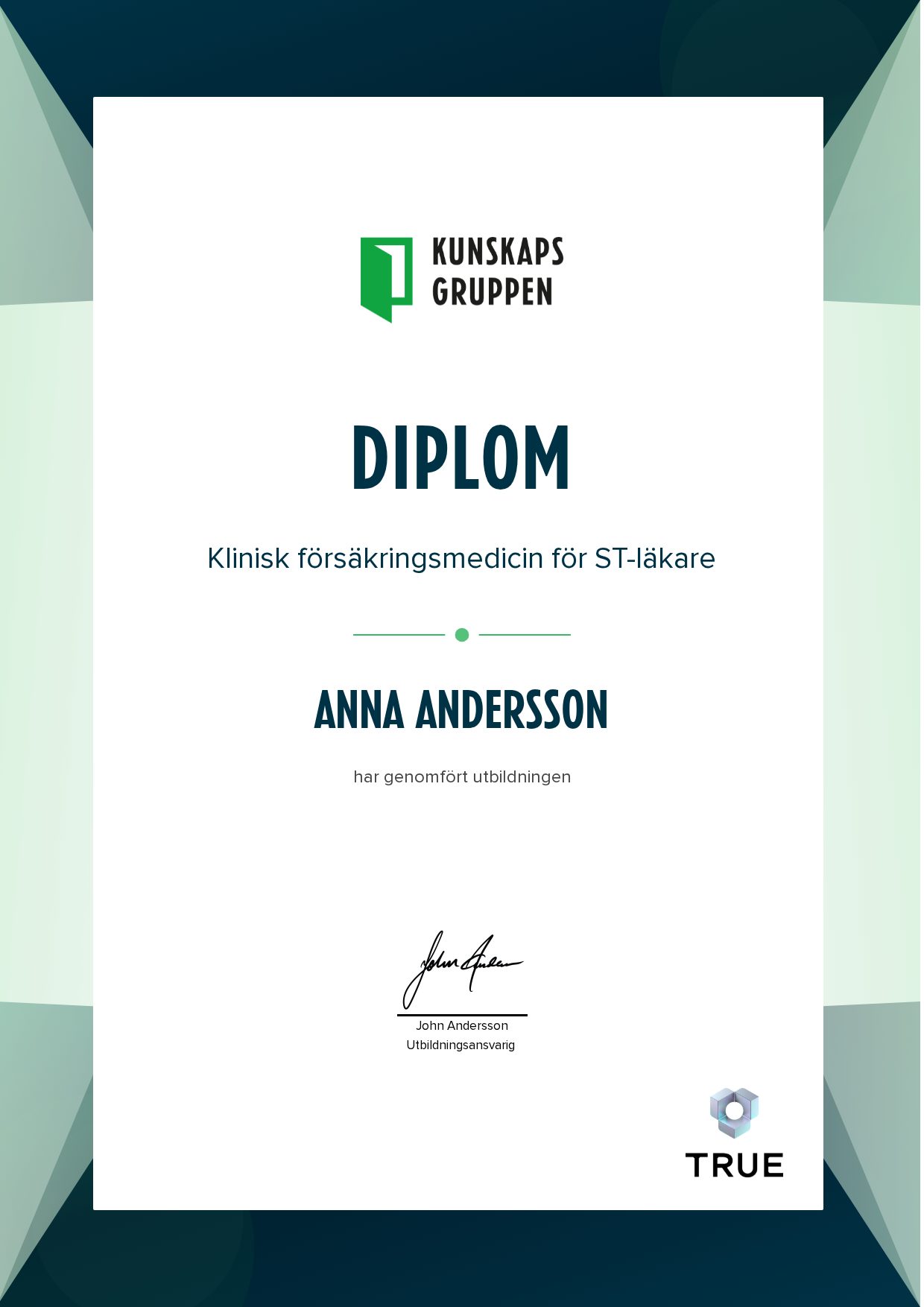 Exempel: diplom för Klinisk försäkringsmedicin för ST-läkare från Kunskapsgruppen