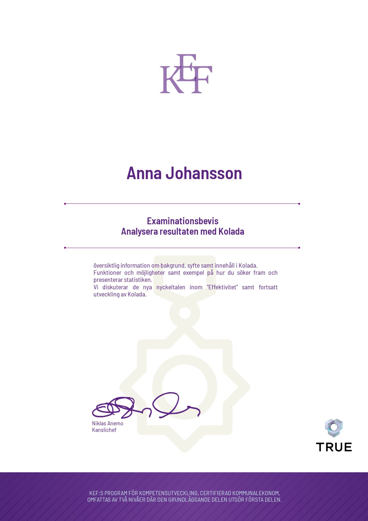 Exempel: diplom för Analysera resultaten med Kolada från KEF - Kommualekonomernas förening
