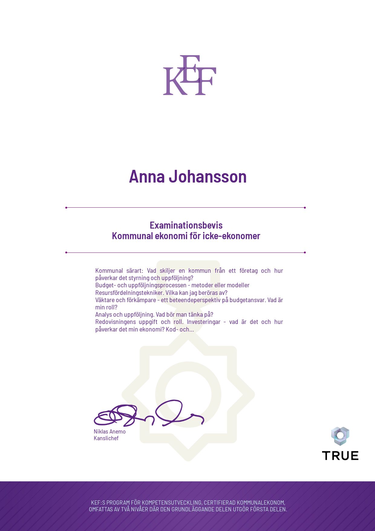 Exempel: diplom för Kommunal ekonomi för icke-ekonomer från KEF - Kommualekonomernas förening