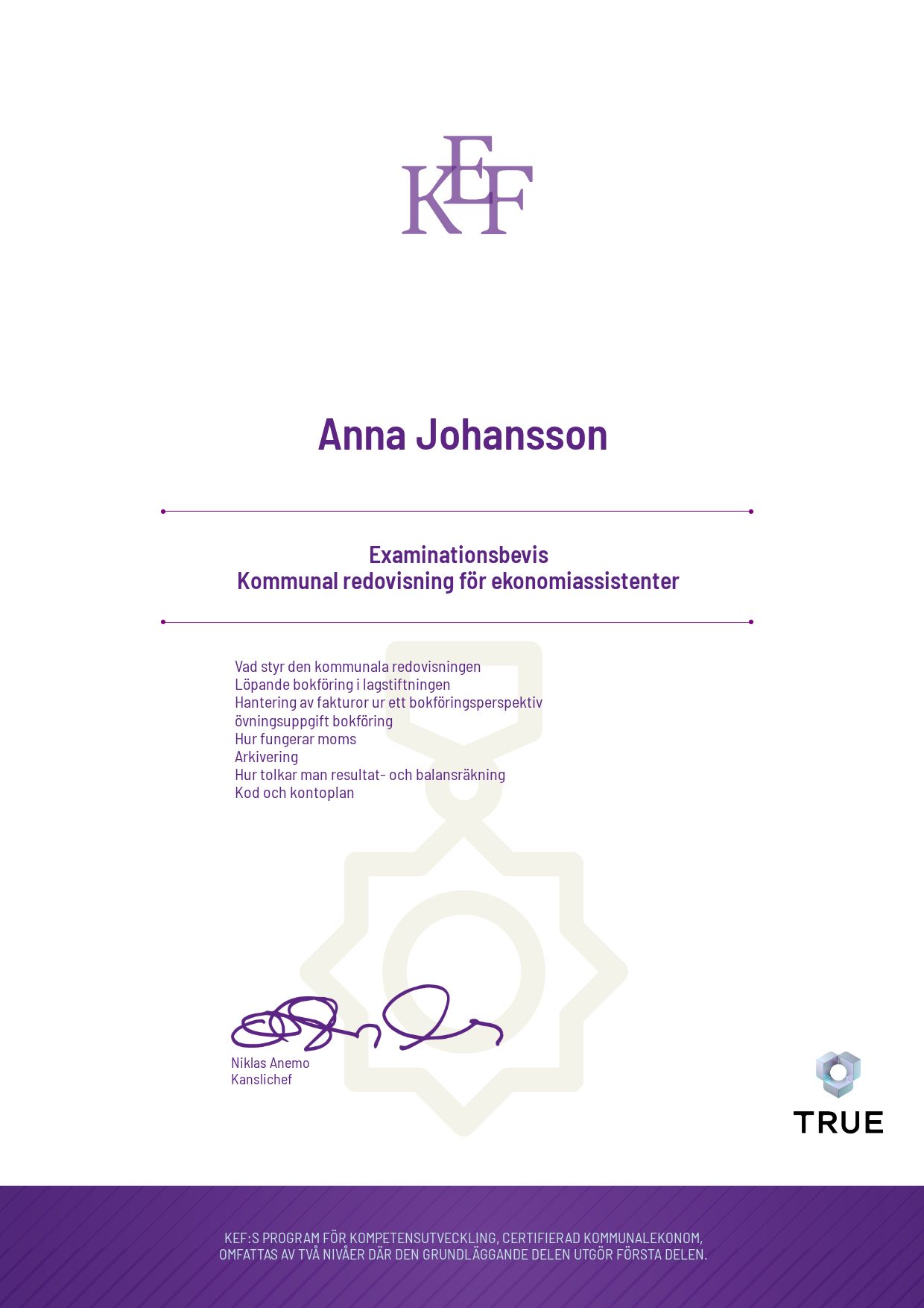 Exempel: diplom för Kommunal redovisning för ekonomiassistenter från KEF - Kommualekonomernas förening