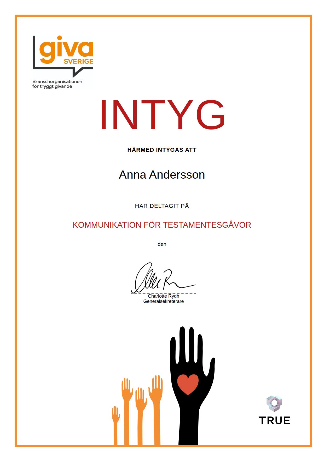 Exempel: diplom för Kommunikation för testamentesgåvor från Giva Sverige