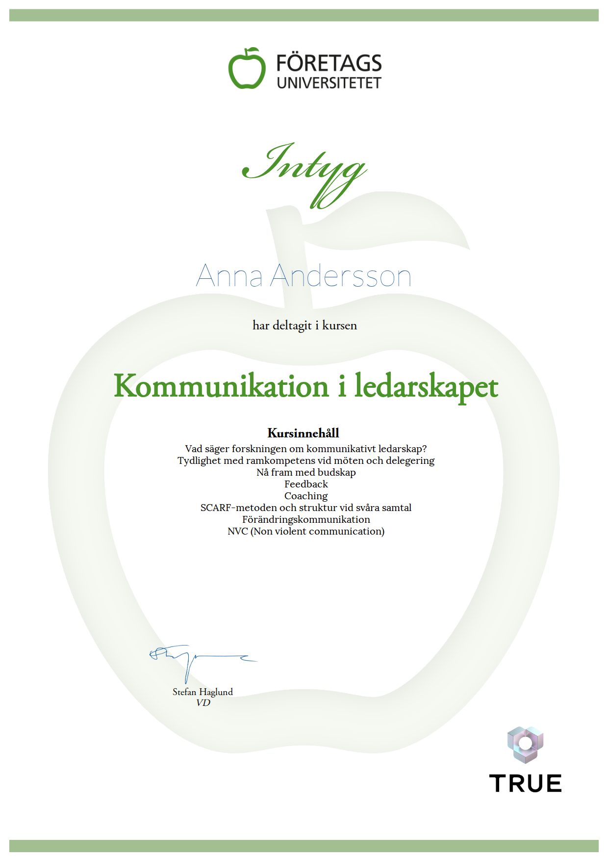 Exempel: diplom för Kommunikation i ledarskapet från Företagsuniversitetet