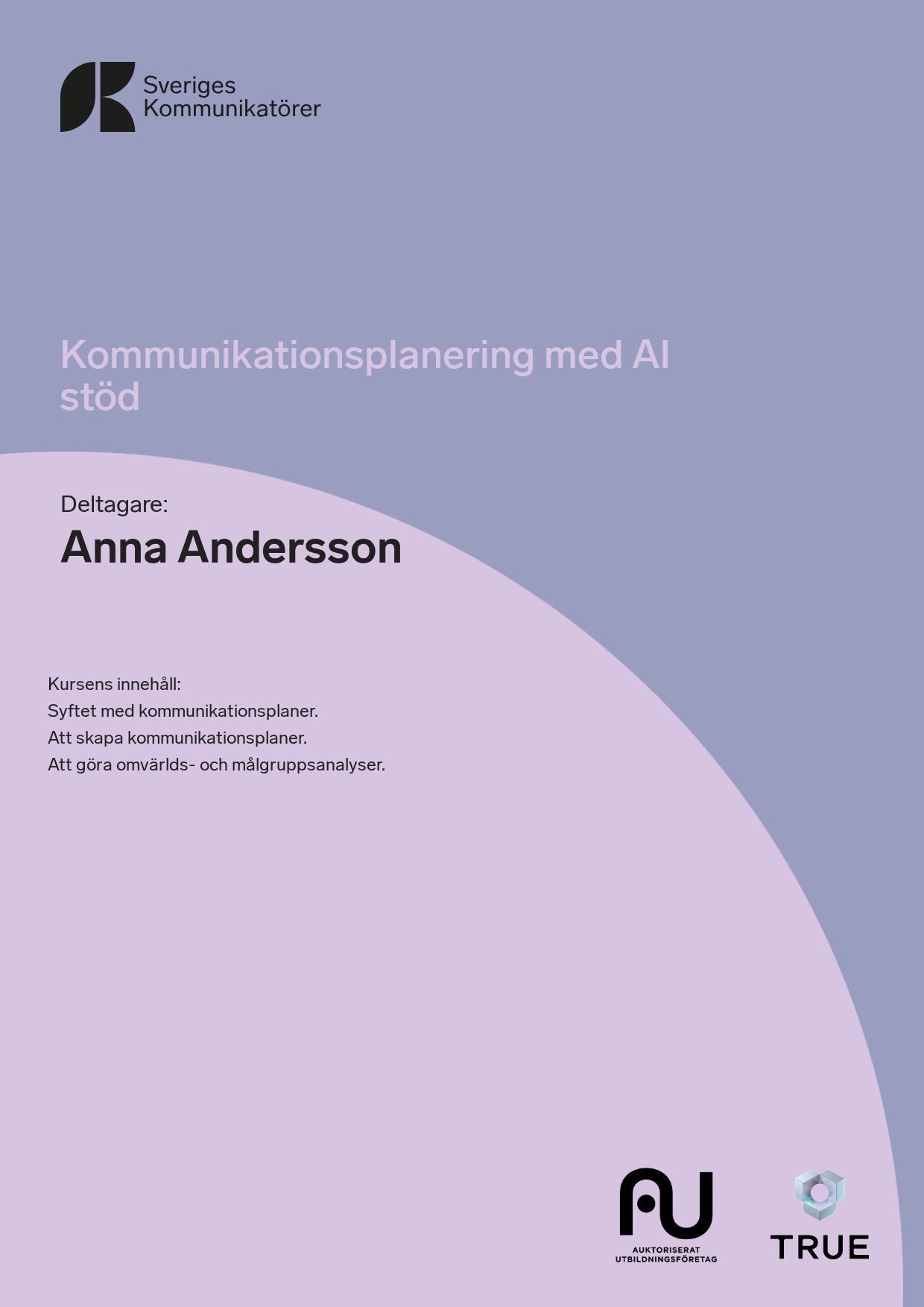 Example certificate for Kommunikationsplanering med AI stöd from Sveriges Kommunikatörer