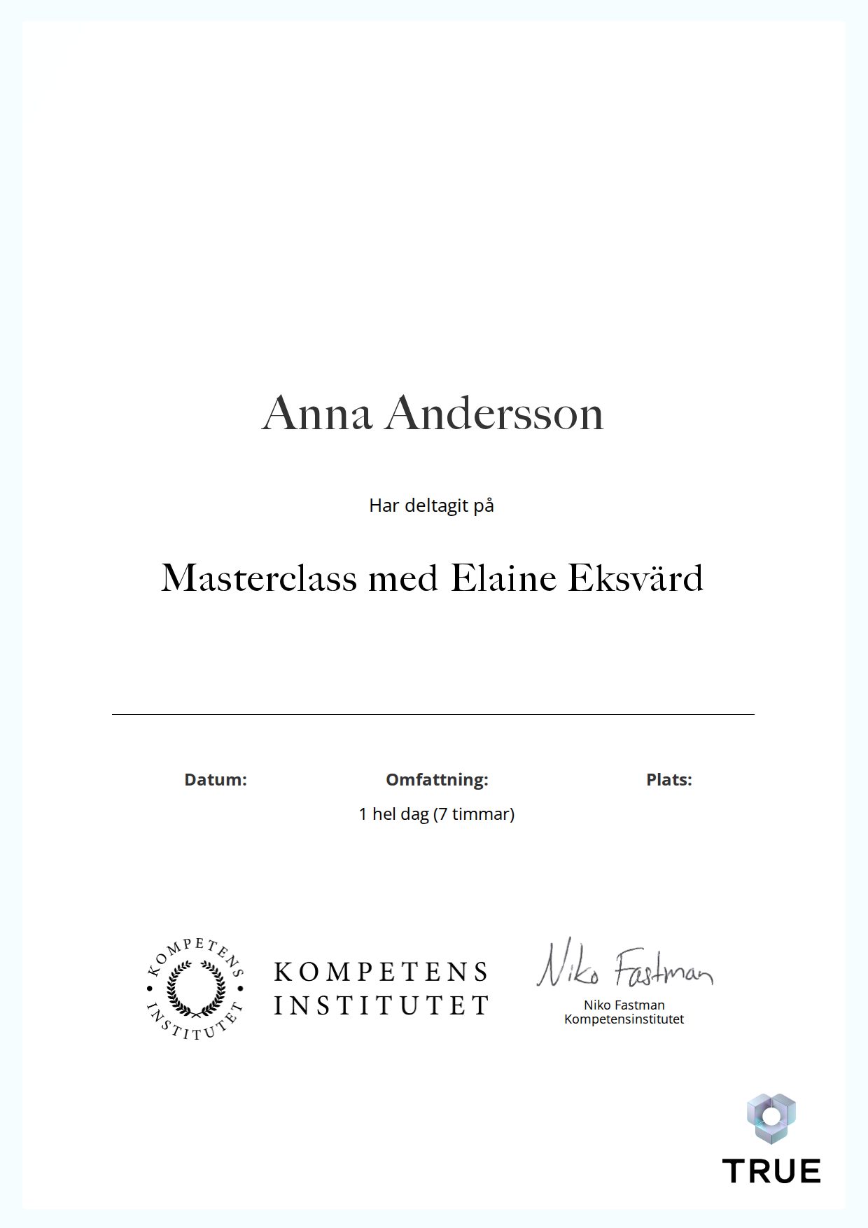 Exempel: diplom för Masterclass med Elaine Eksvärd från Kompetensinstitutet