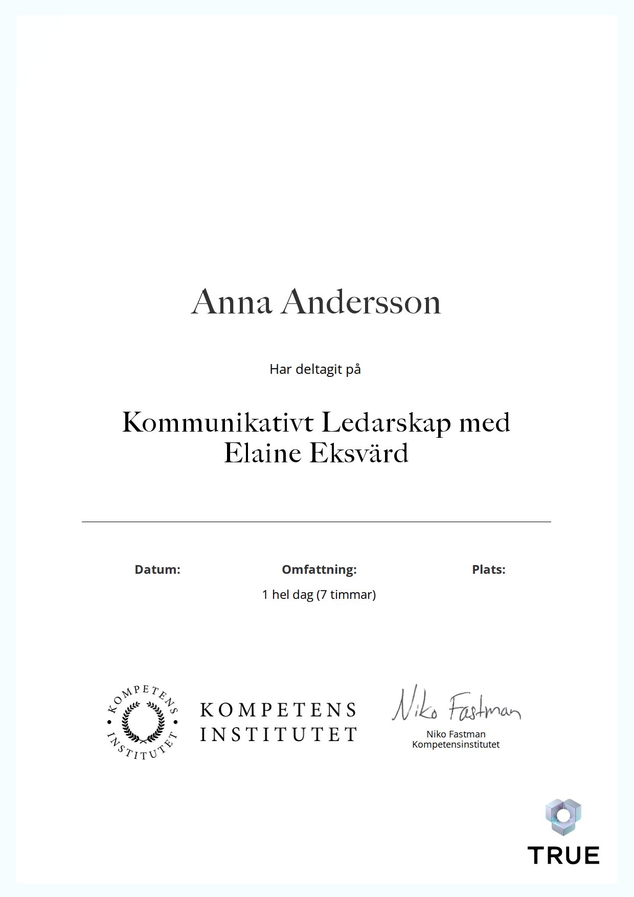 Exempel: diplom för Kommunikativt Ledarskap med Elaine Eksvärd från Kompetensinstitutet