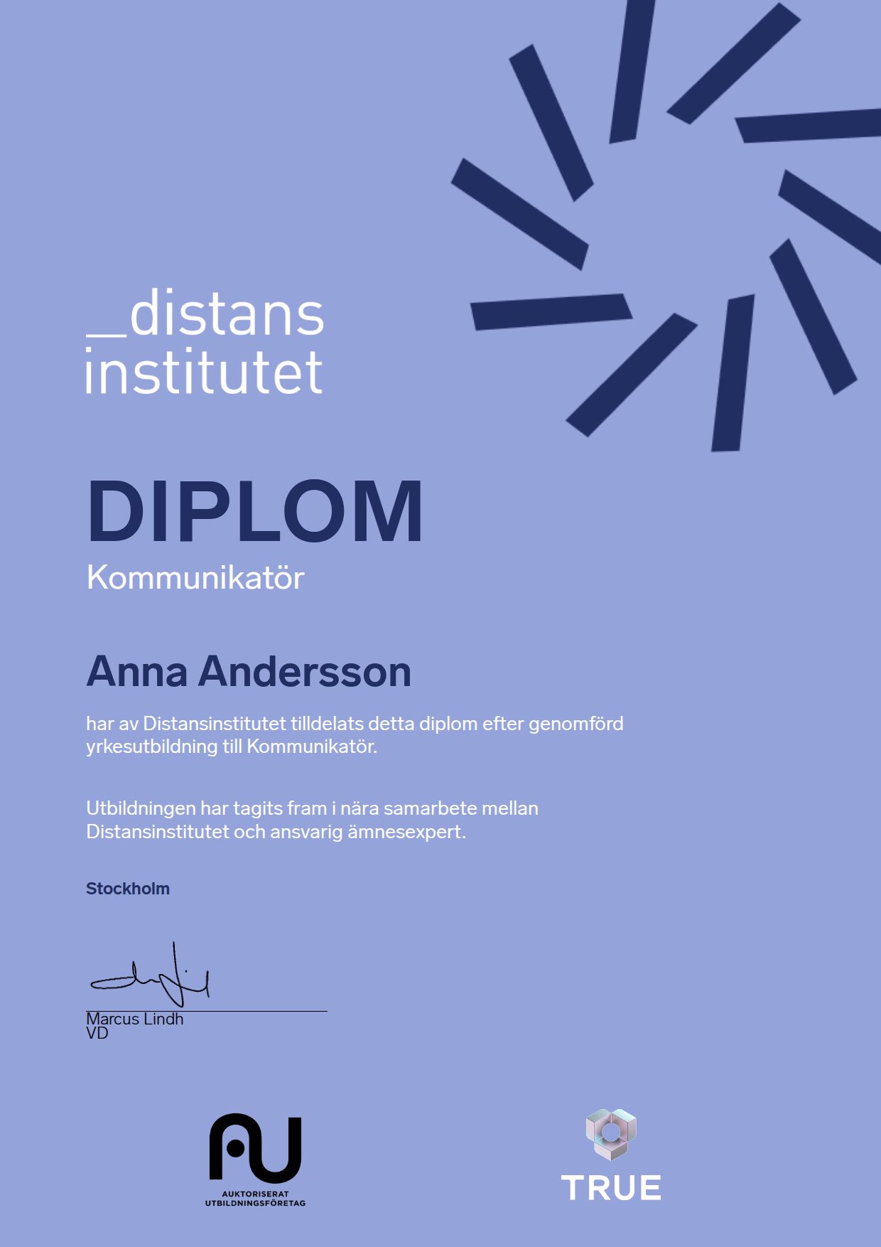 Exempel: diplom för Kommunikatör från Distansinstitutet Sverige AB