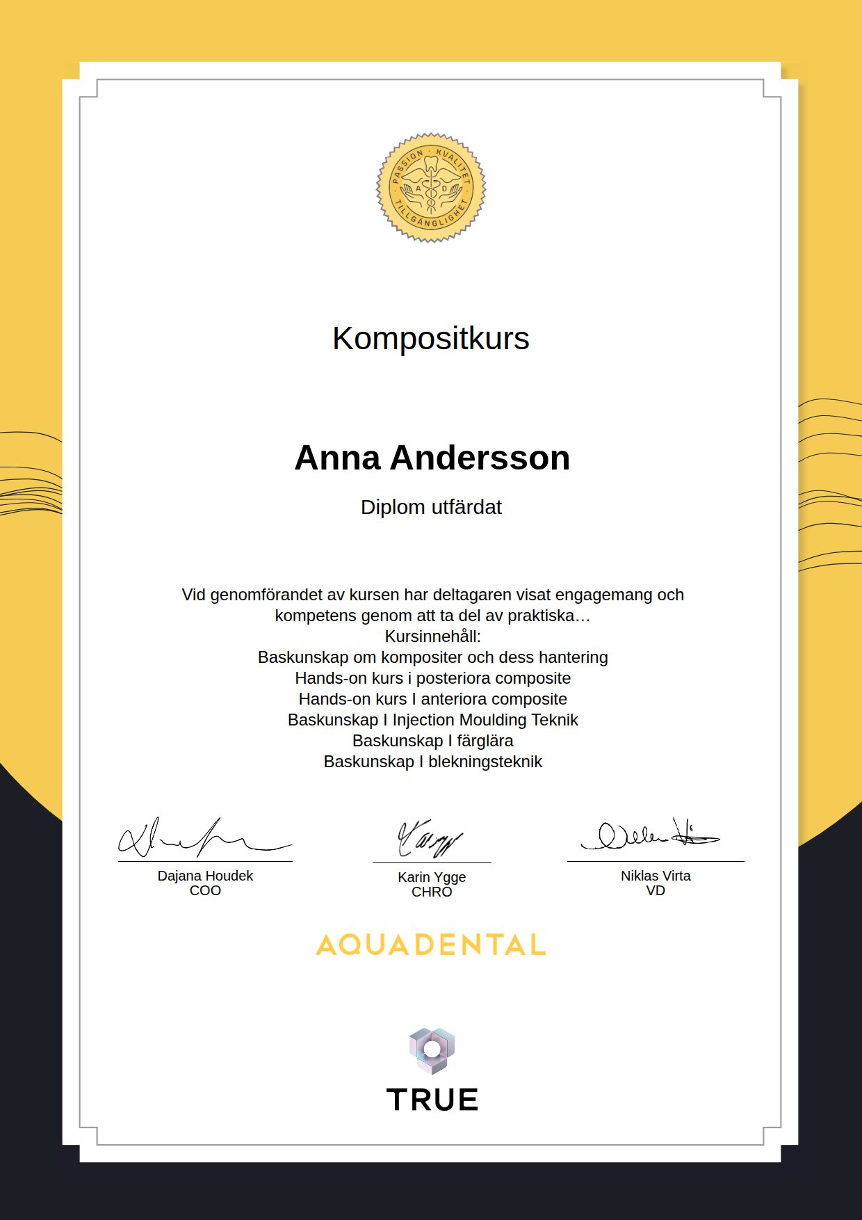 Exempel: diplom för Kompositkurs från Aqua Dental