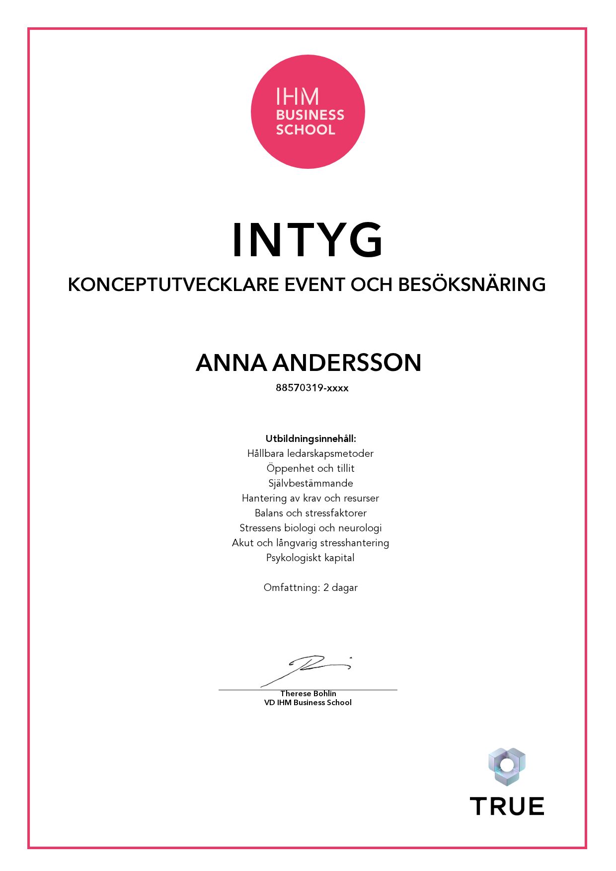 Example certificate for Konceptutvecklare Event och besöksnäring from IHM Business School